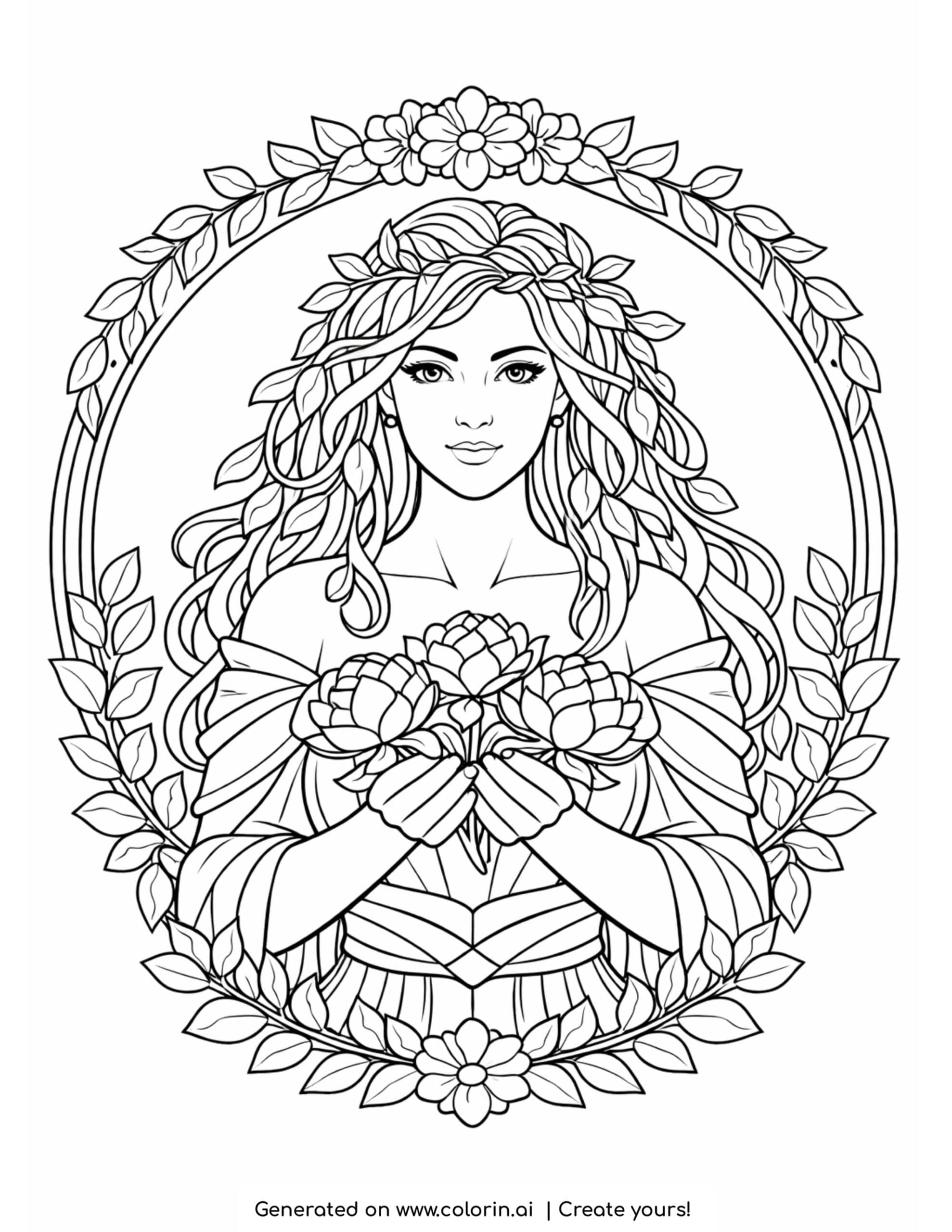 nature goddess holding flowers coloring page with floral frame and leaves