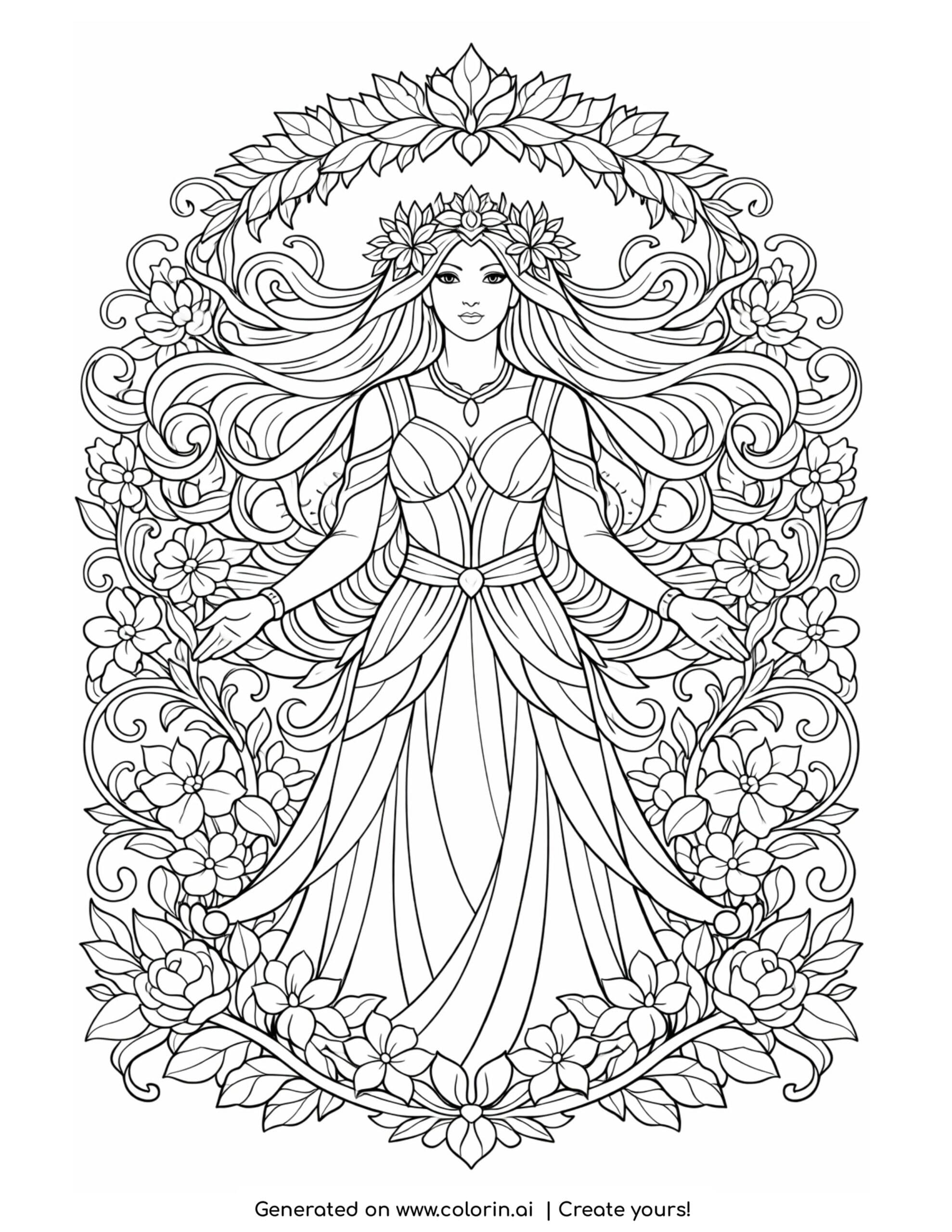 nature goddess with floral vines coloring page with flowers and flowing hair