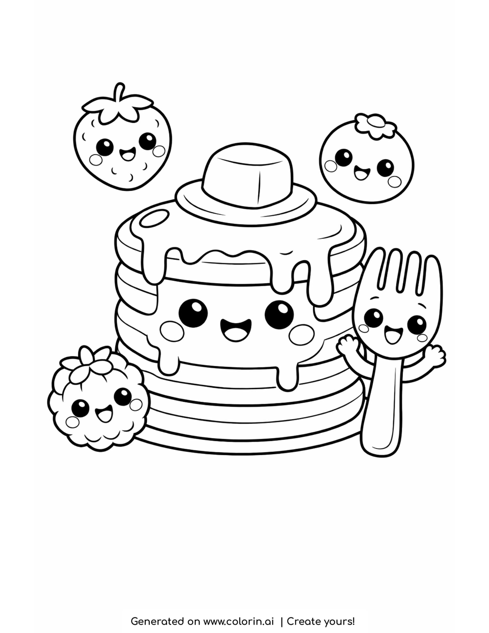 pancakes with dripping syrup coloring page with smiling fork and berries