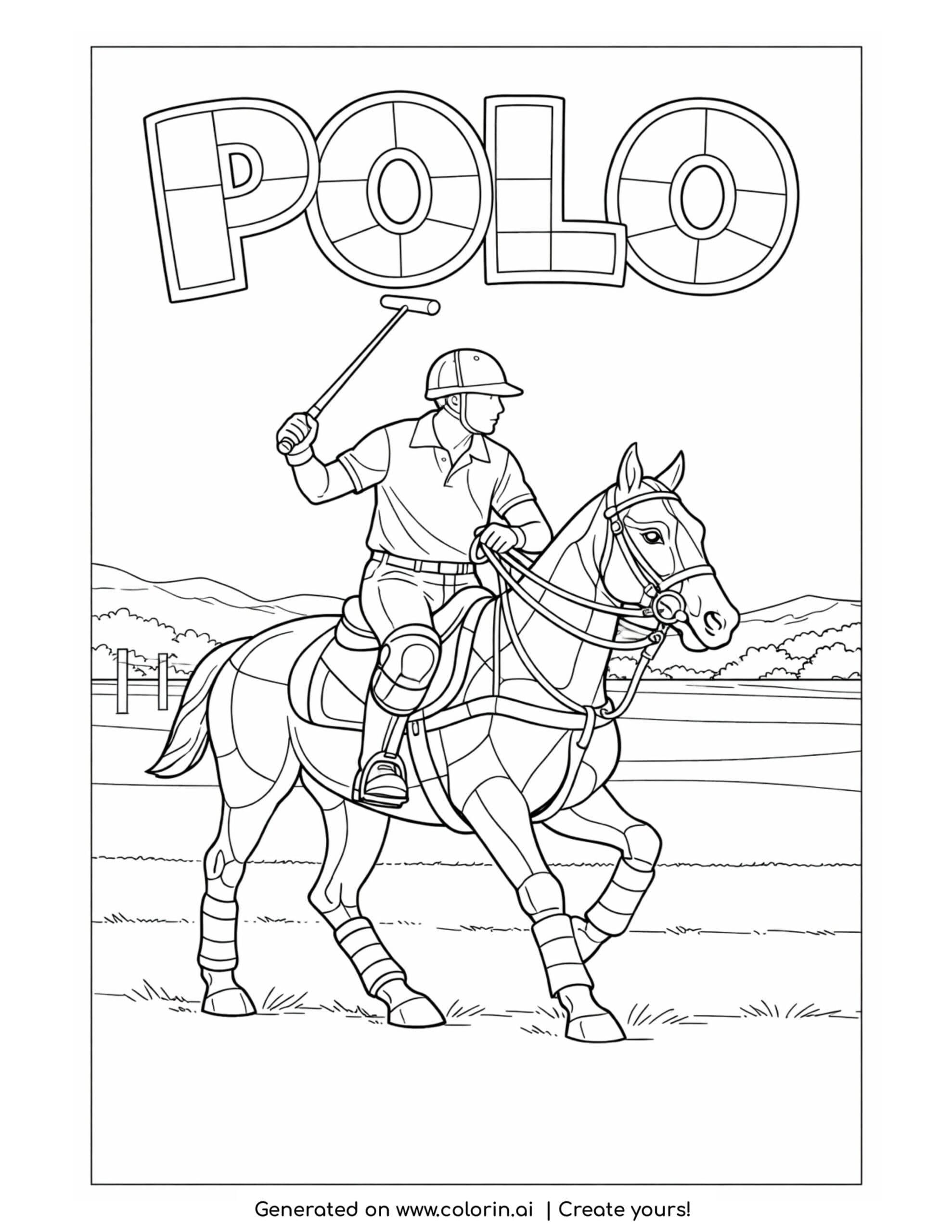 polo player riding horse swinging mallet coloring page with rider aiming during match