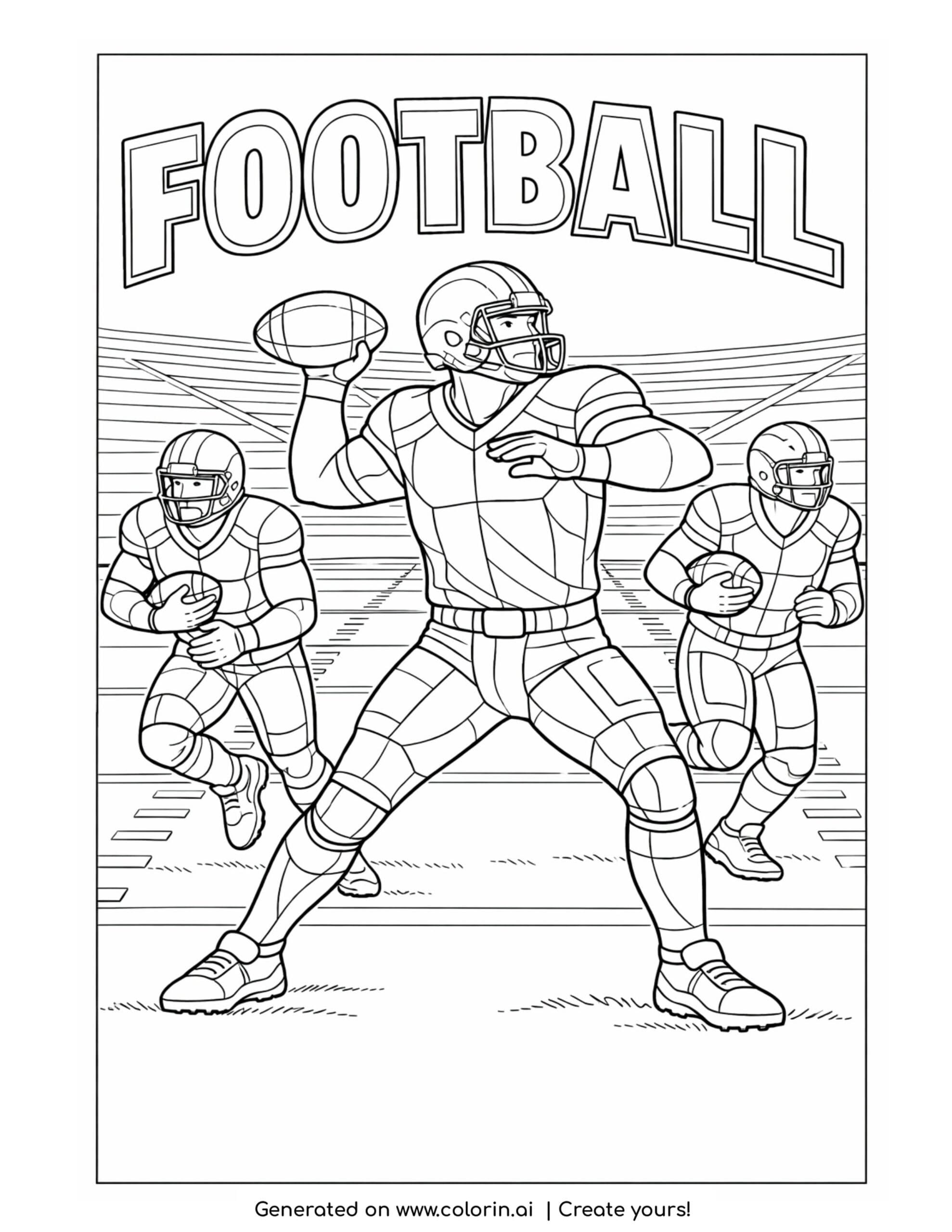 quarterback throwing a pass coloring page with players running on a field