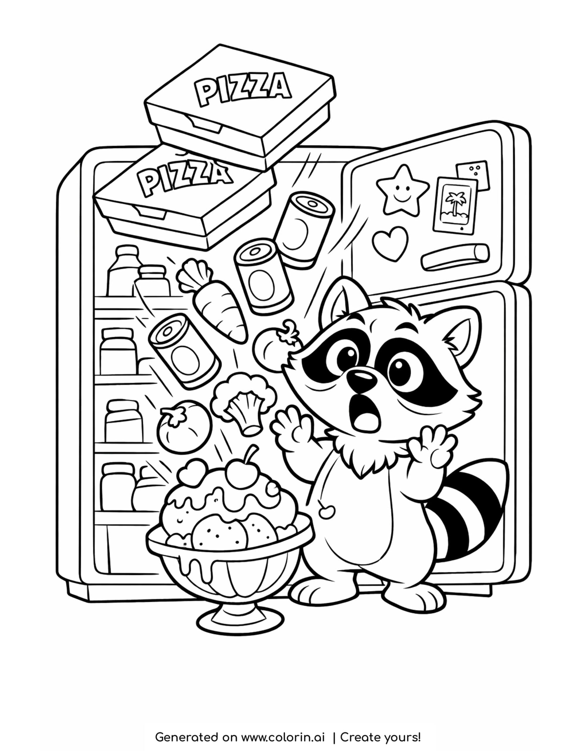 raccoon catching falling groceries coloring page with open refrigerator and tumbling snacks