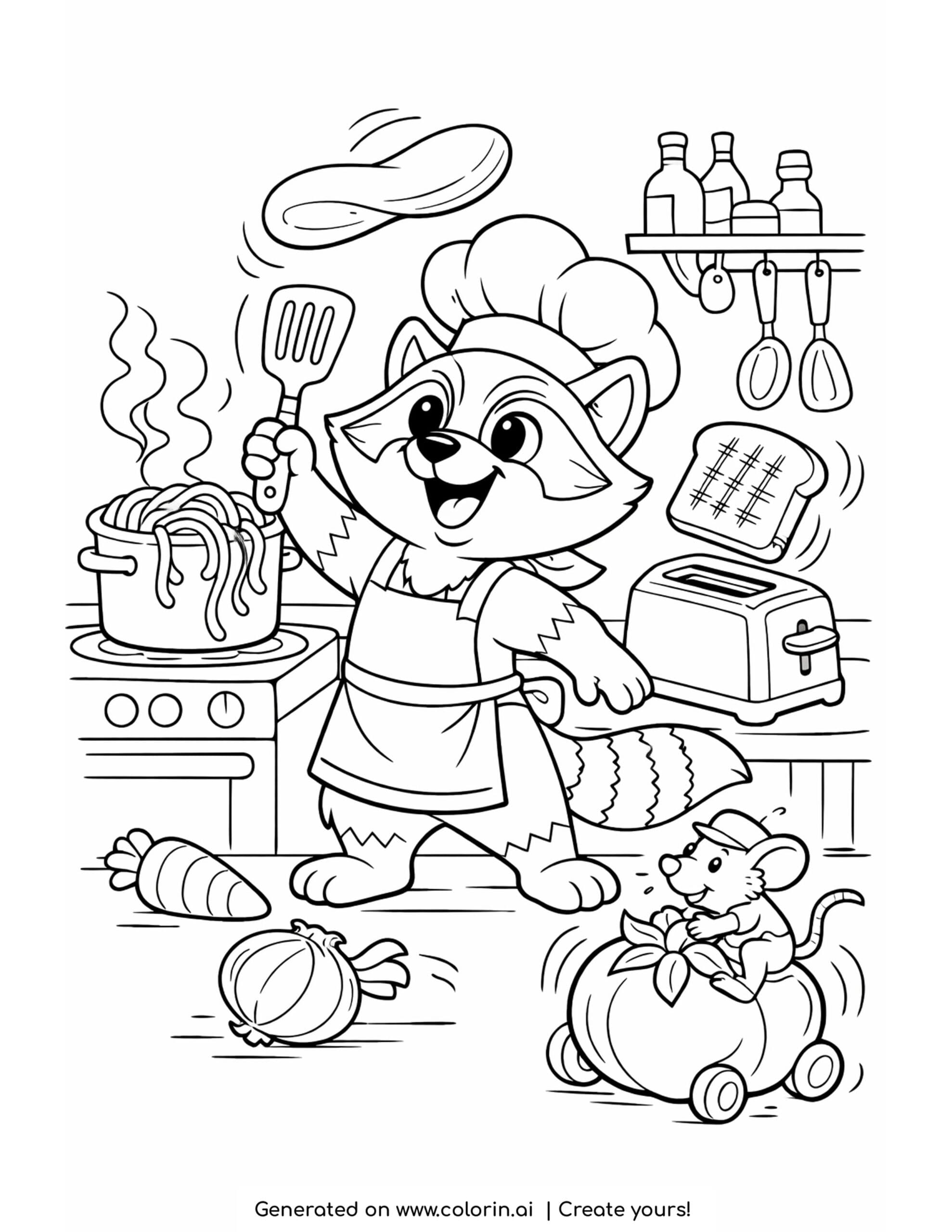 raccoon chef kitchen chaos coloring page with flying pancake and spaghetti pot