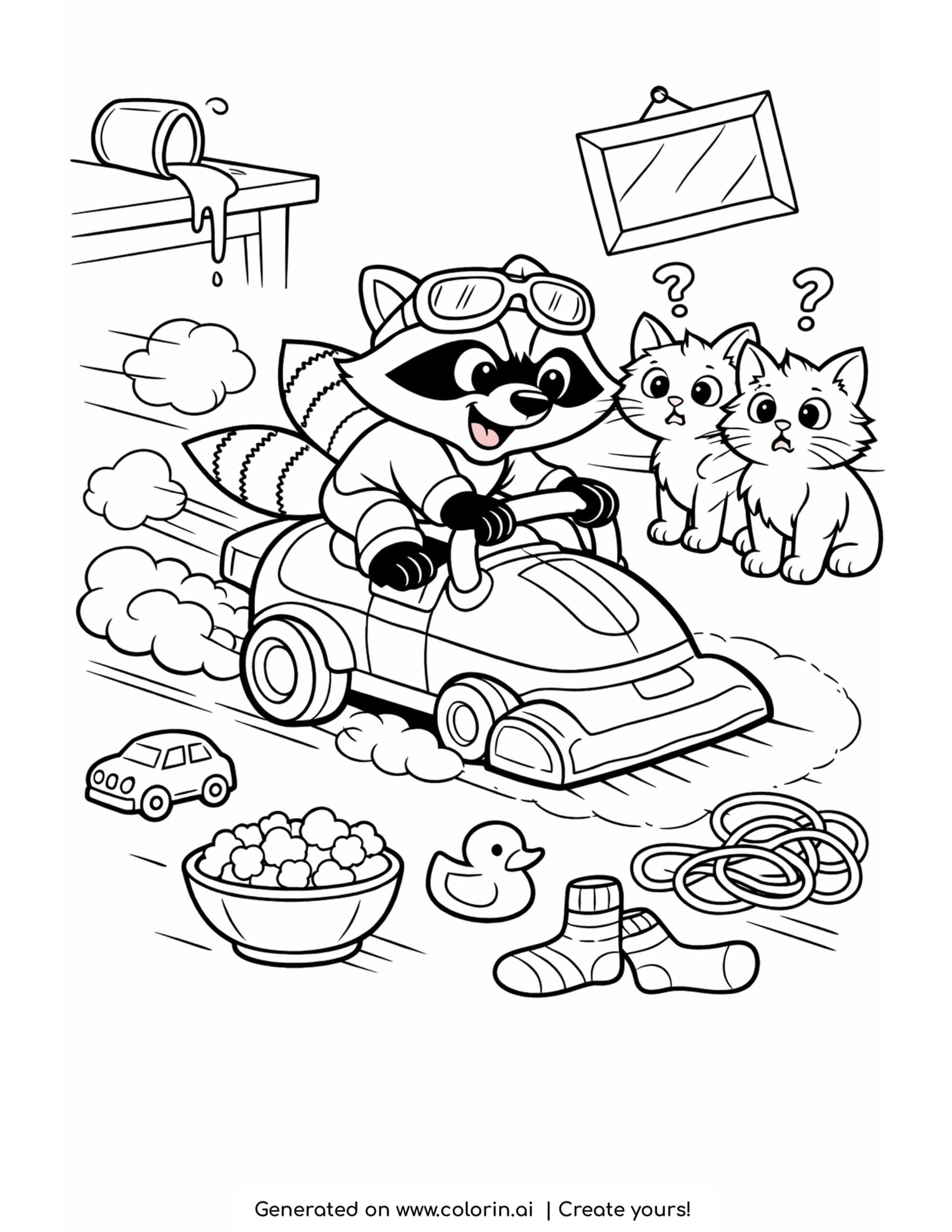 raccoon racing vacuum cleaner coloring page with confused cats and scattered toys