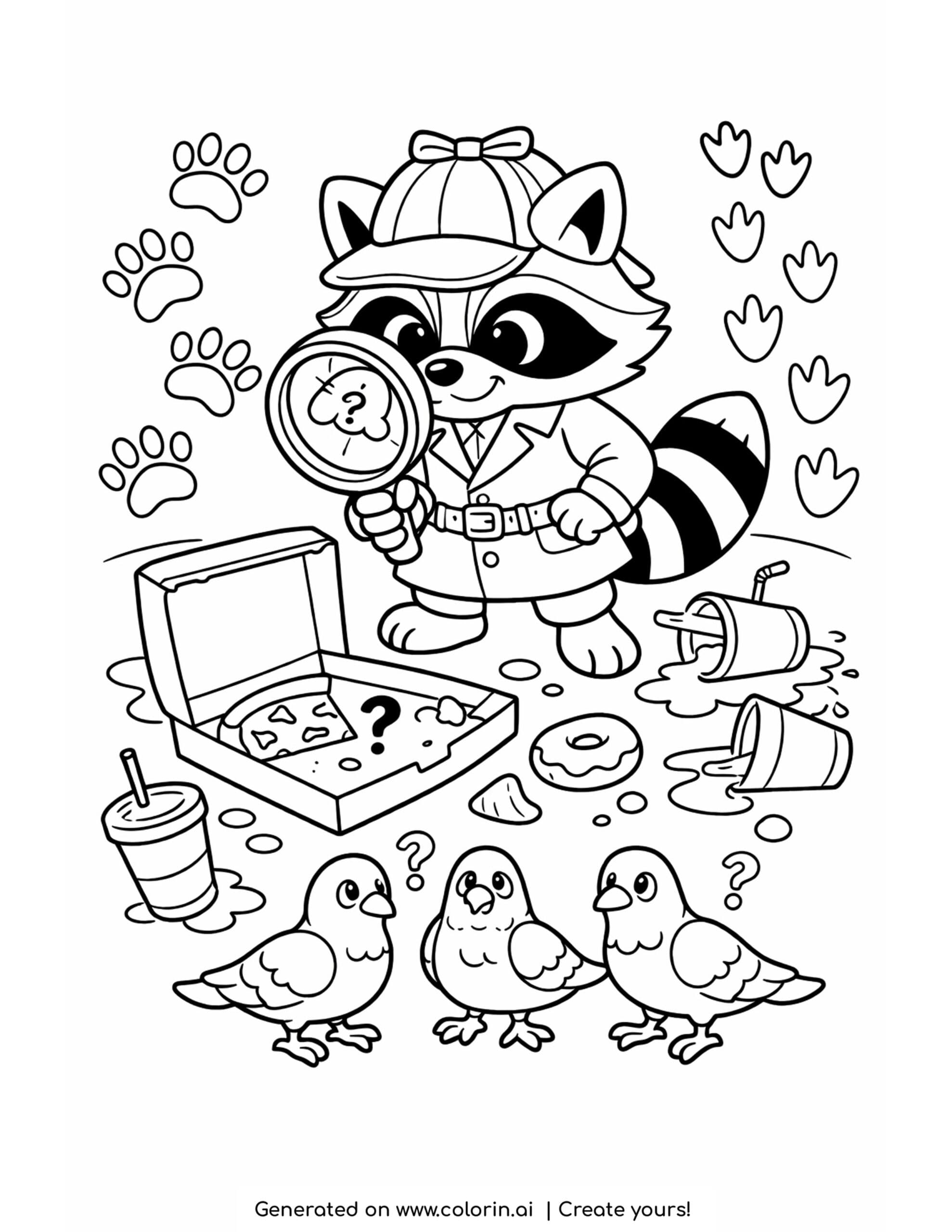 raccoon tracking pizza footprints coloring page with magnifying glass and messy snack clues