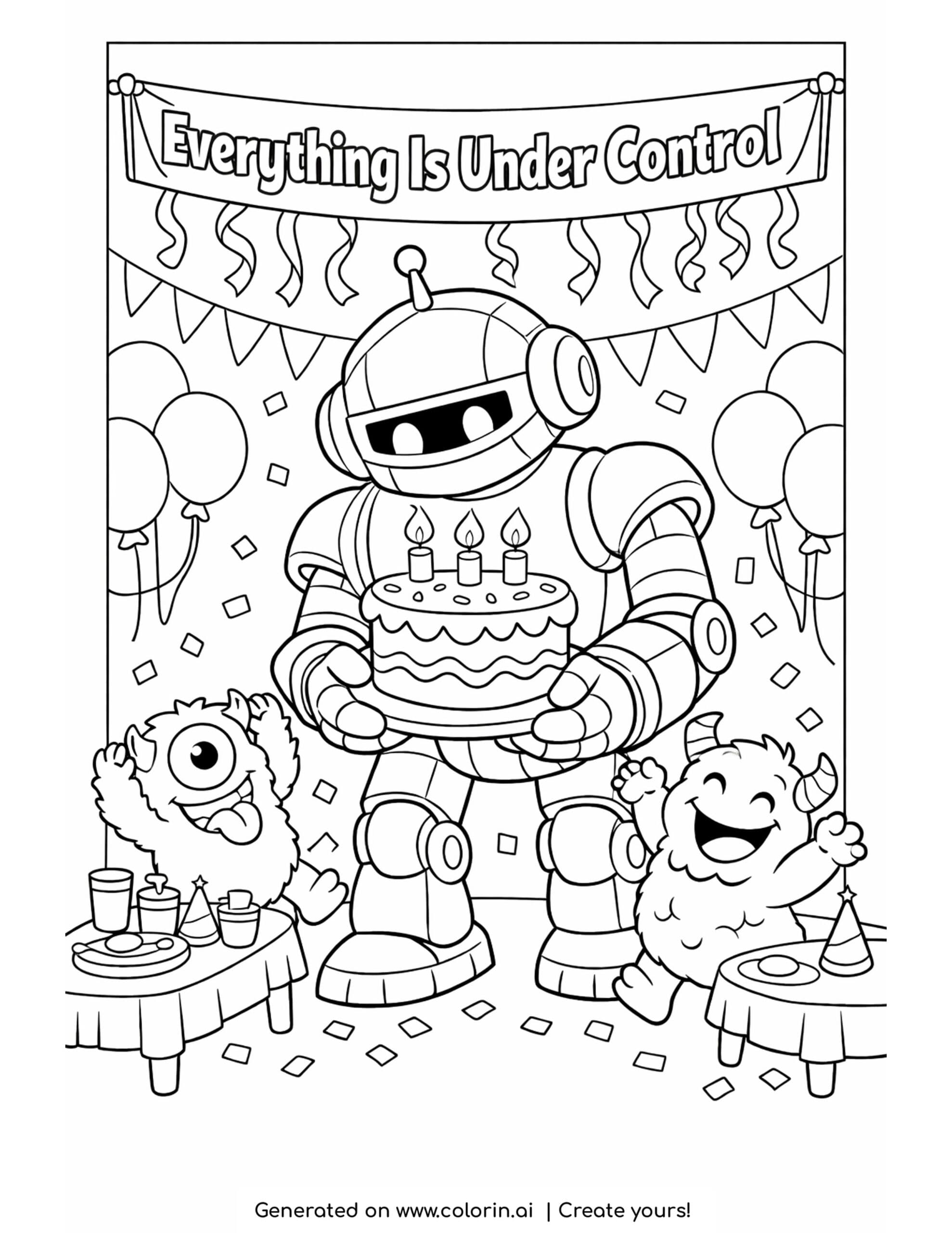 robot carrying birthday cake coloring page with dancing monsters and party decorations