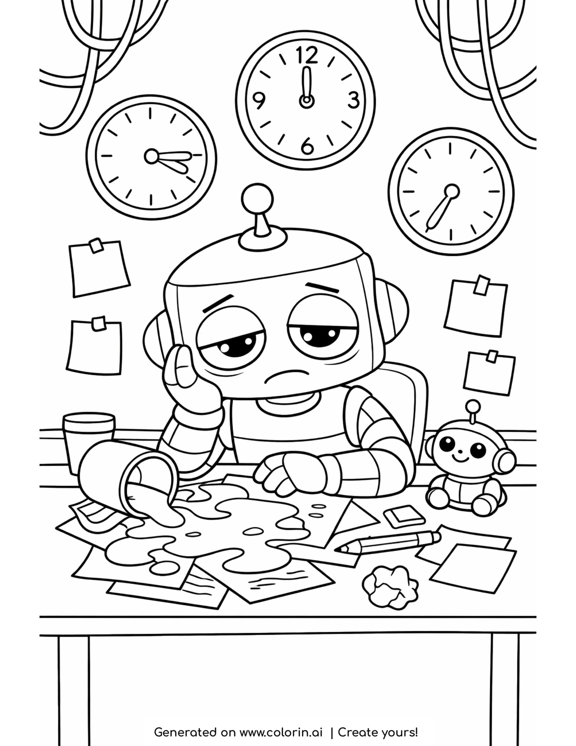 robot surviving coffee spill coloring page with sleepy desk scene and scattered papers