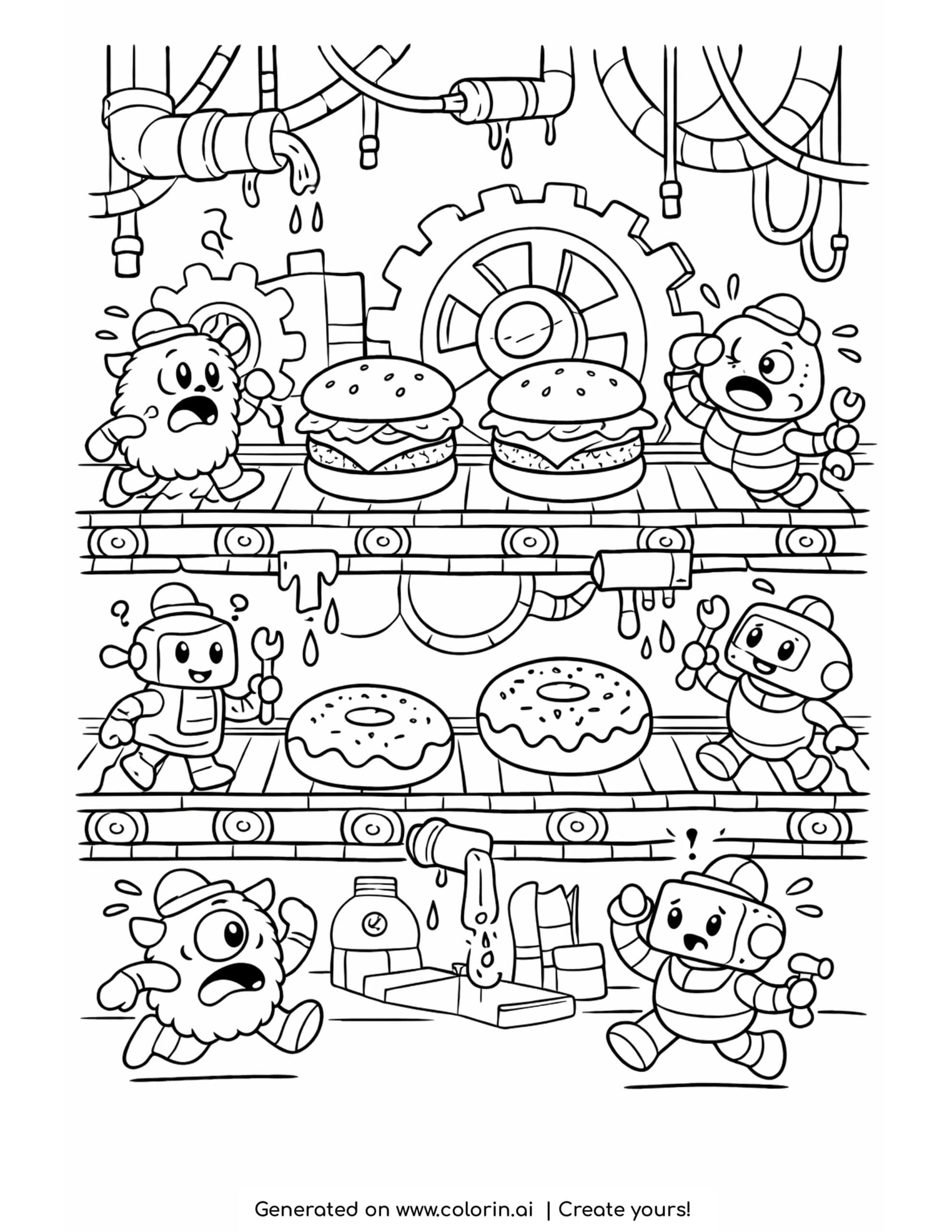 robots fixing leaking snack factory coloring page with burgers donuts and spinning gears