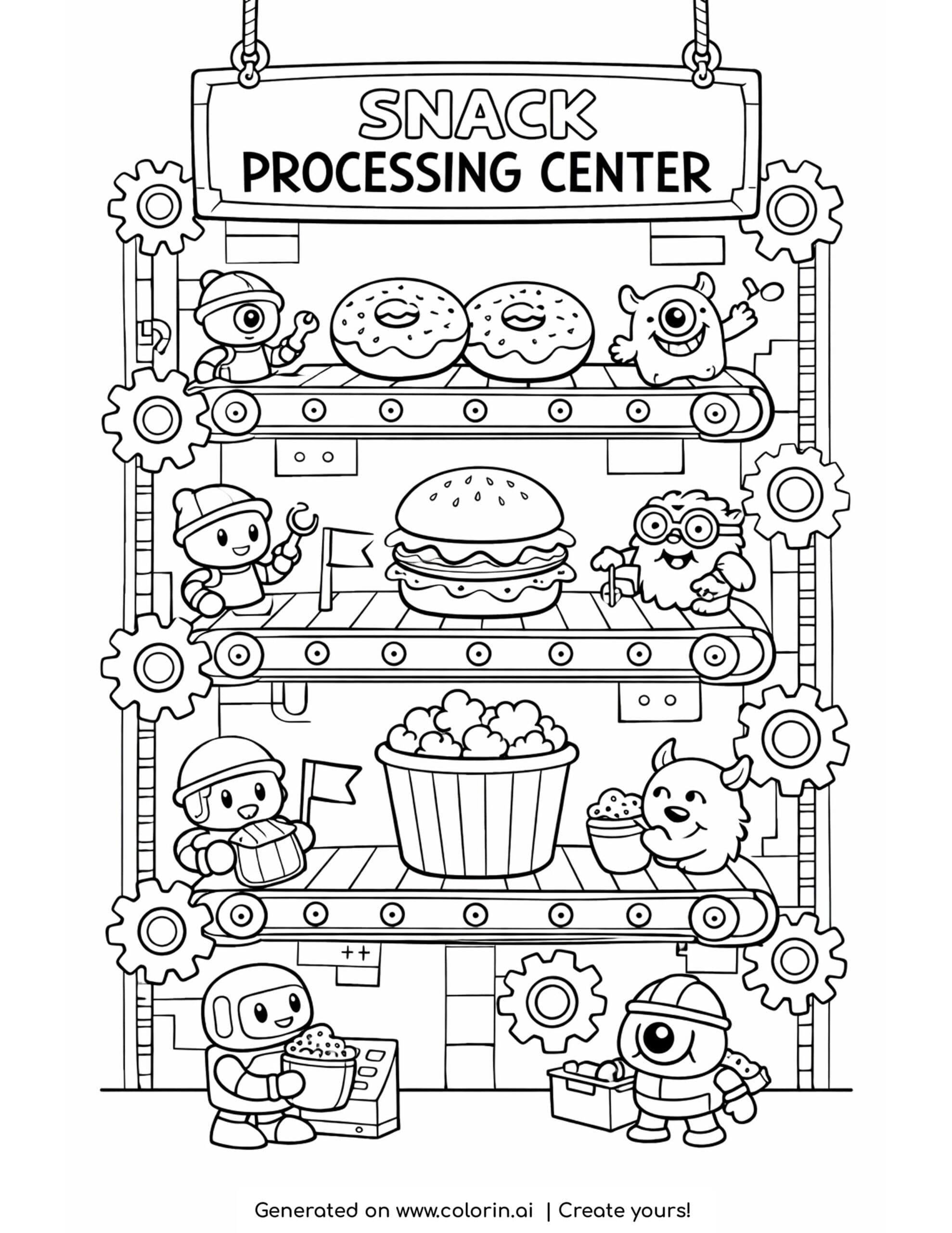 robots organizing snack conveyor coloring page with popcorn tubs and factory belts
