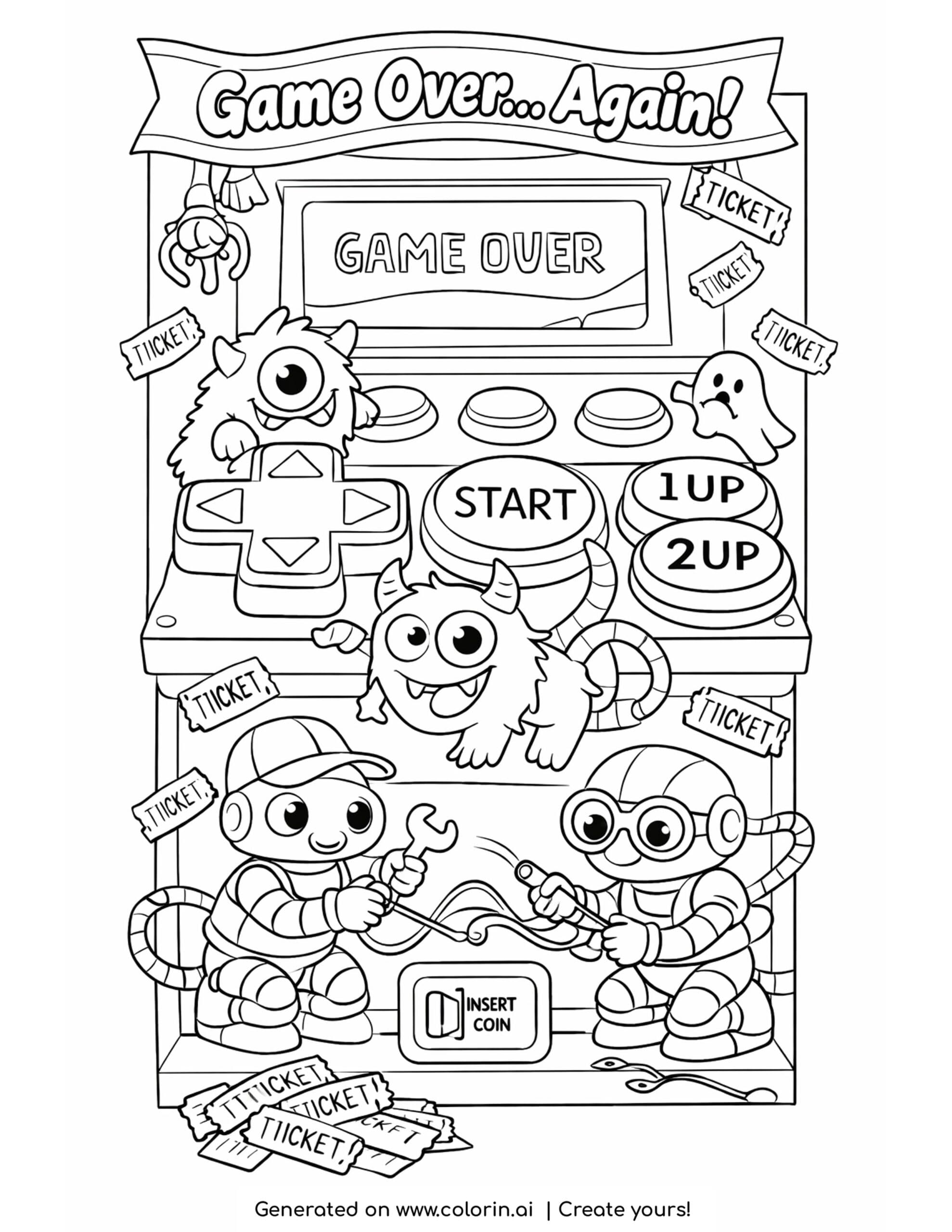 robots repairing giant arcade machine coloring page with monsters climbing arcade buttons