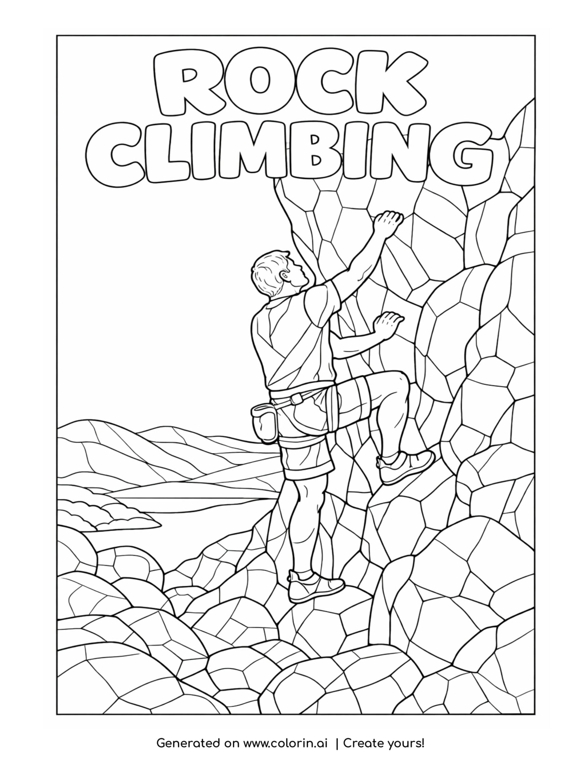 rock climber reaching up cliff coloring page with mountain rocks and climbing pose