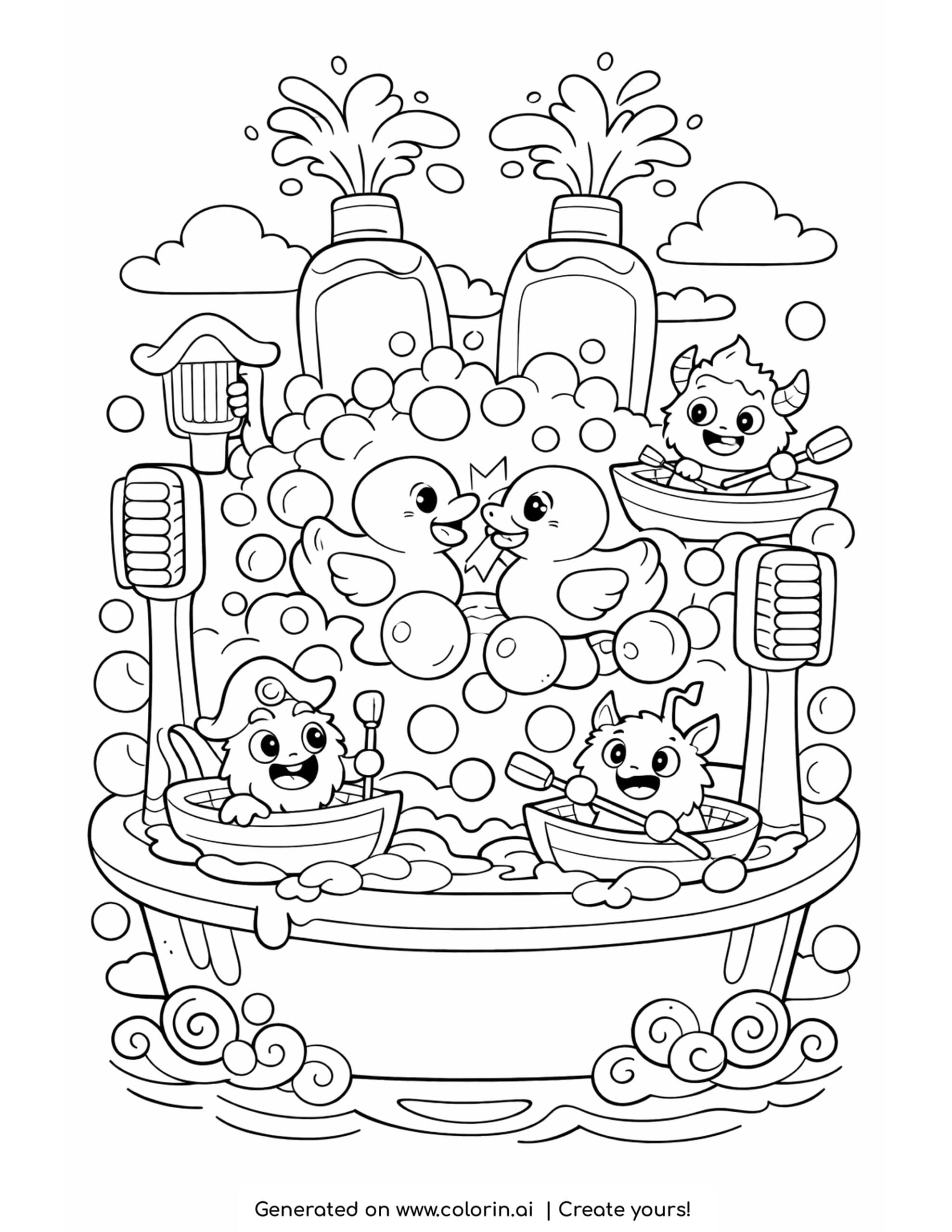 rubber ducks crashing in bubbles coloring page with tiny monsters sailing soap boats