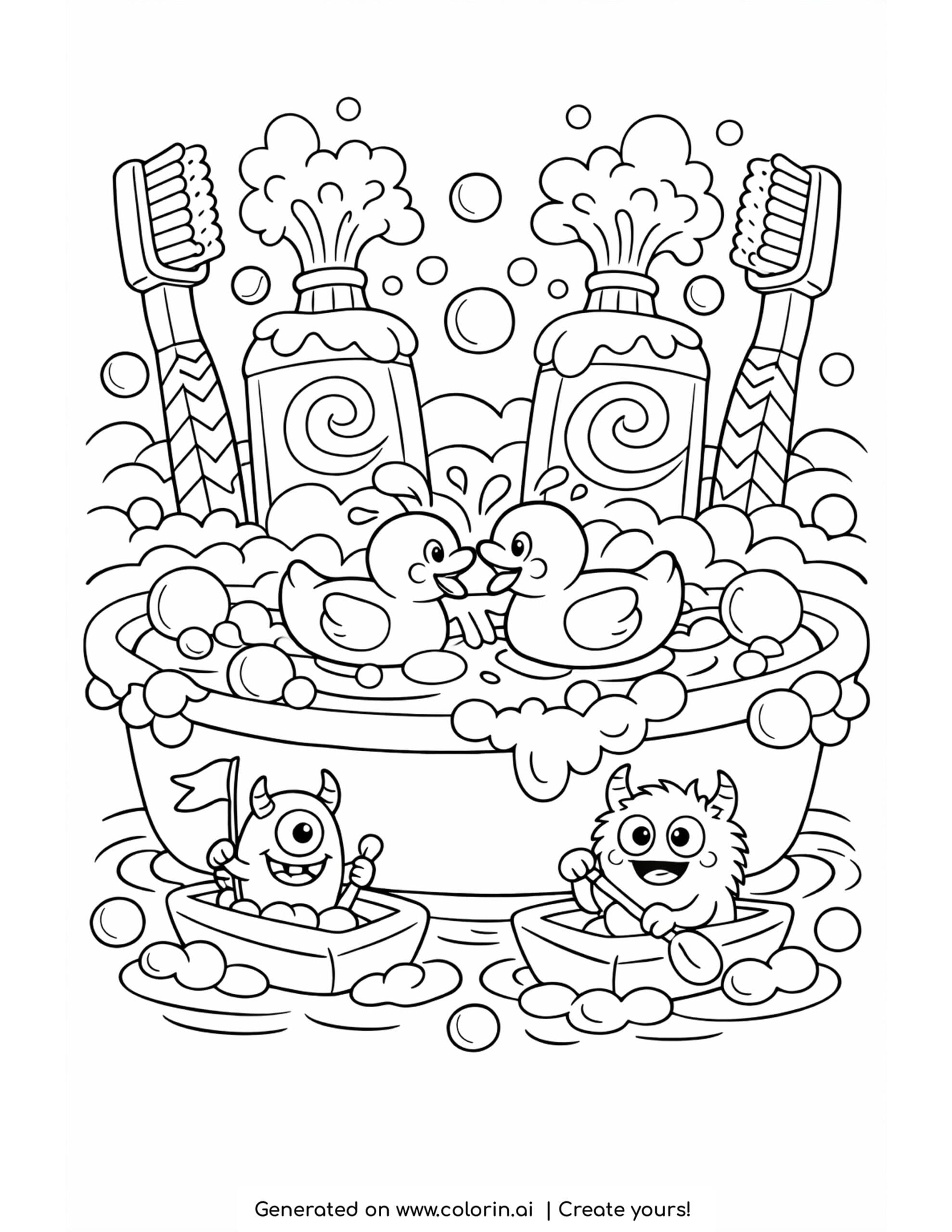 rubber ducks splashing foam coloring page with tiny monsters sailing soap boats