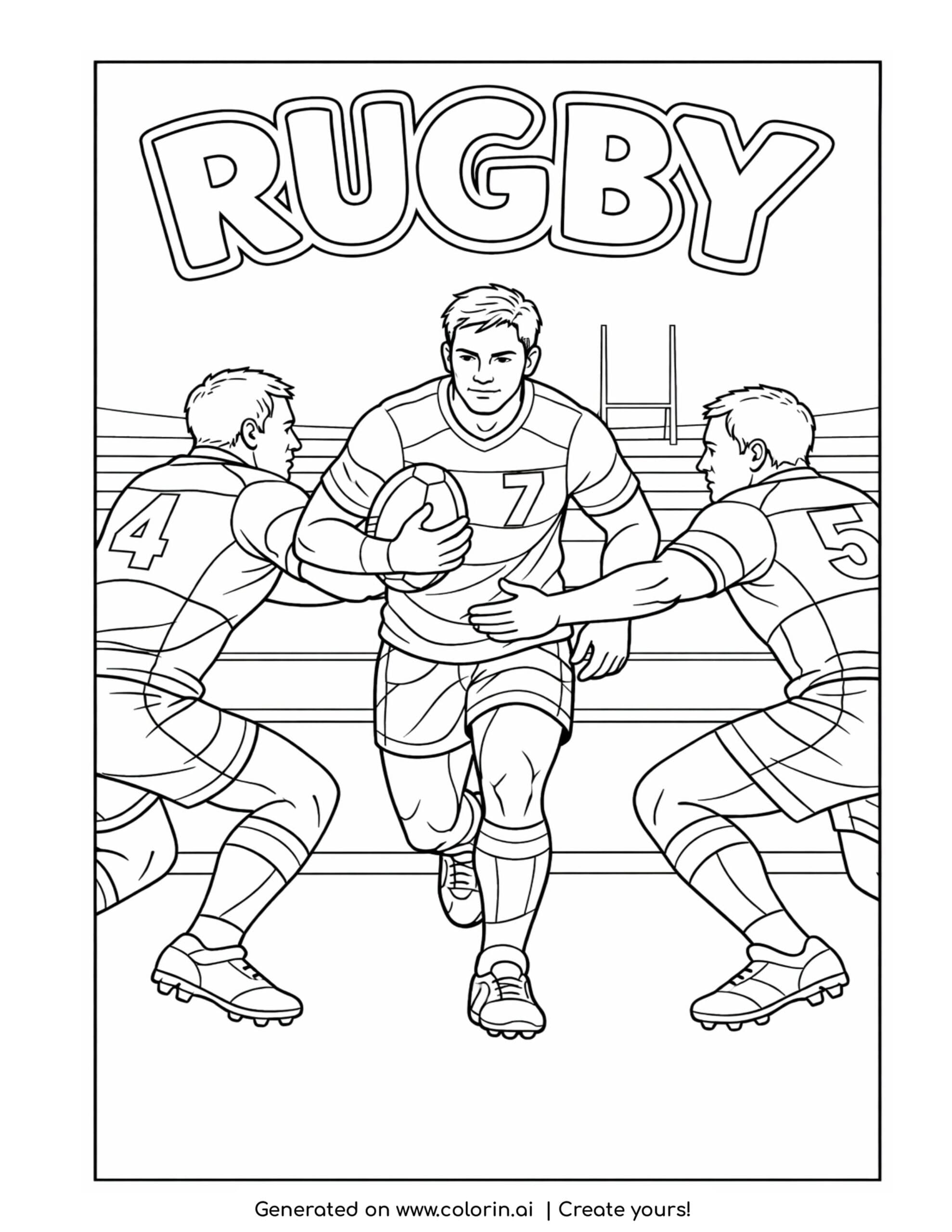 rugby player running with ball coloring page with defenders reaching from both sides