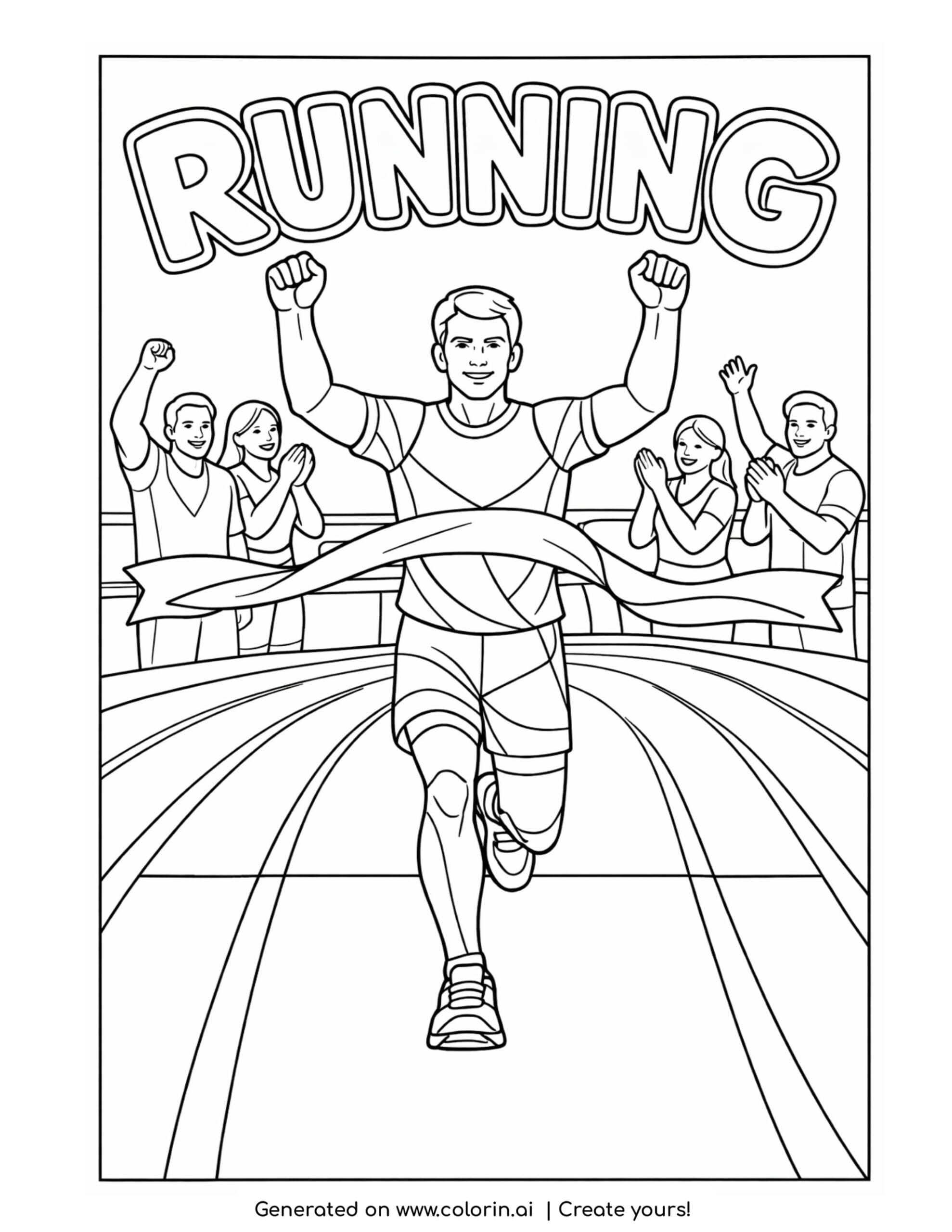 runner crossing finish line coloring page with ribbon and cheering crowd