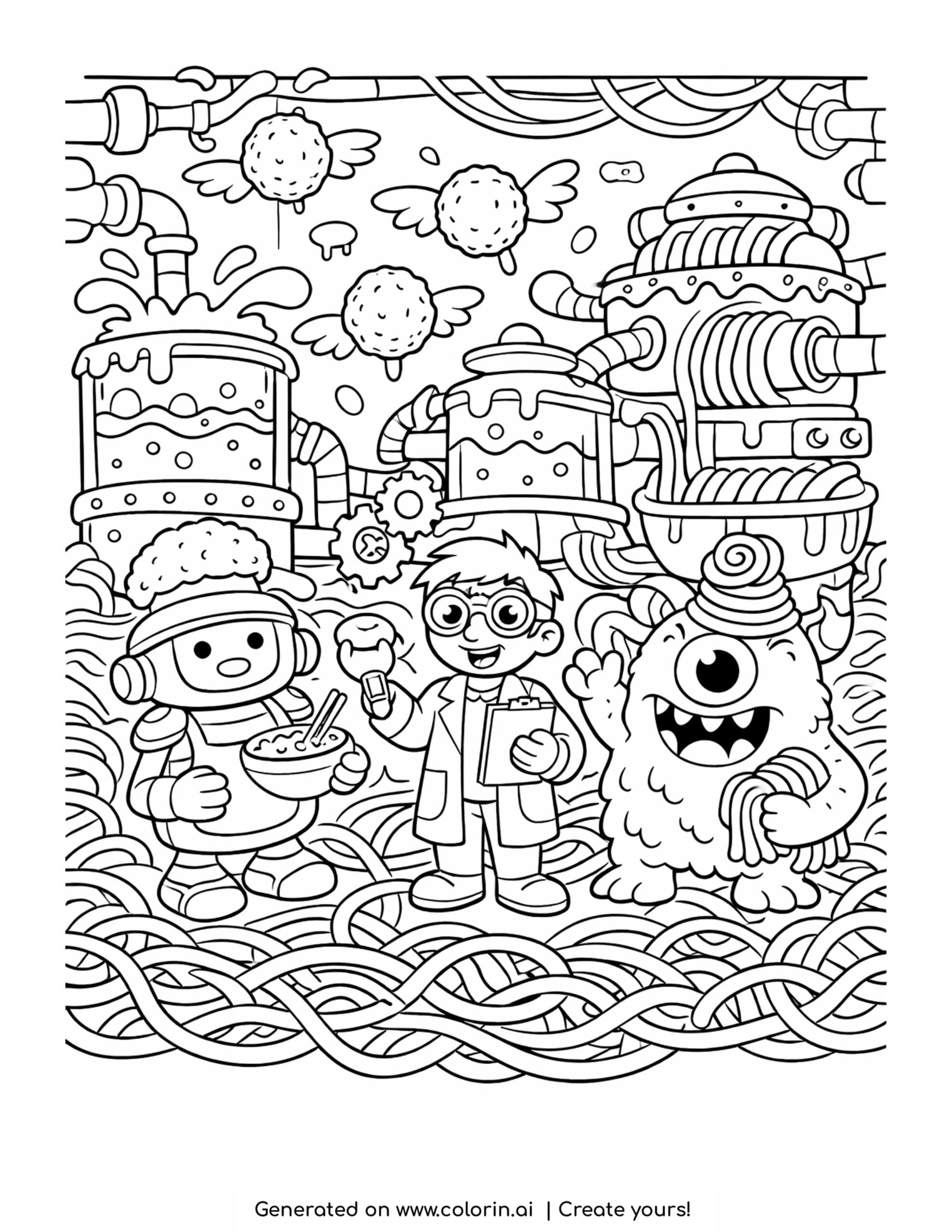 scientist exploring giant noodle lab coloring page with robots and floating meatballs