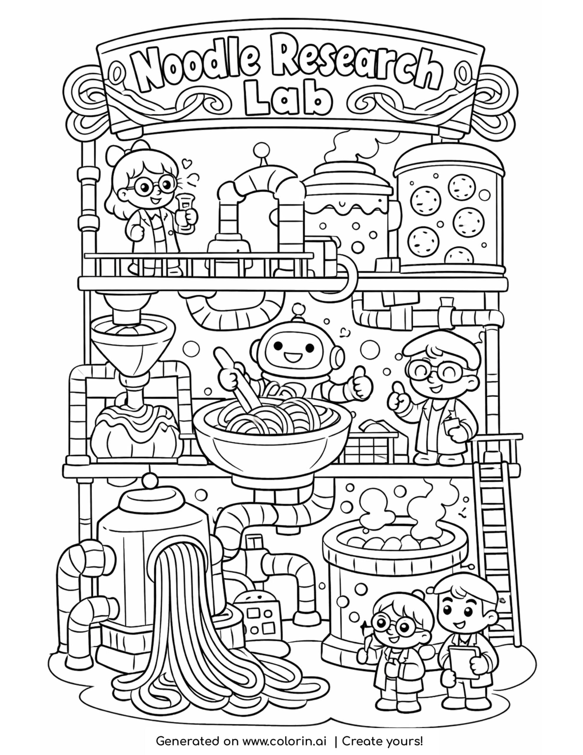 scientists testing giant spaghetti machine coloring page with robot helpers and noodle pipes
