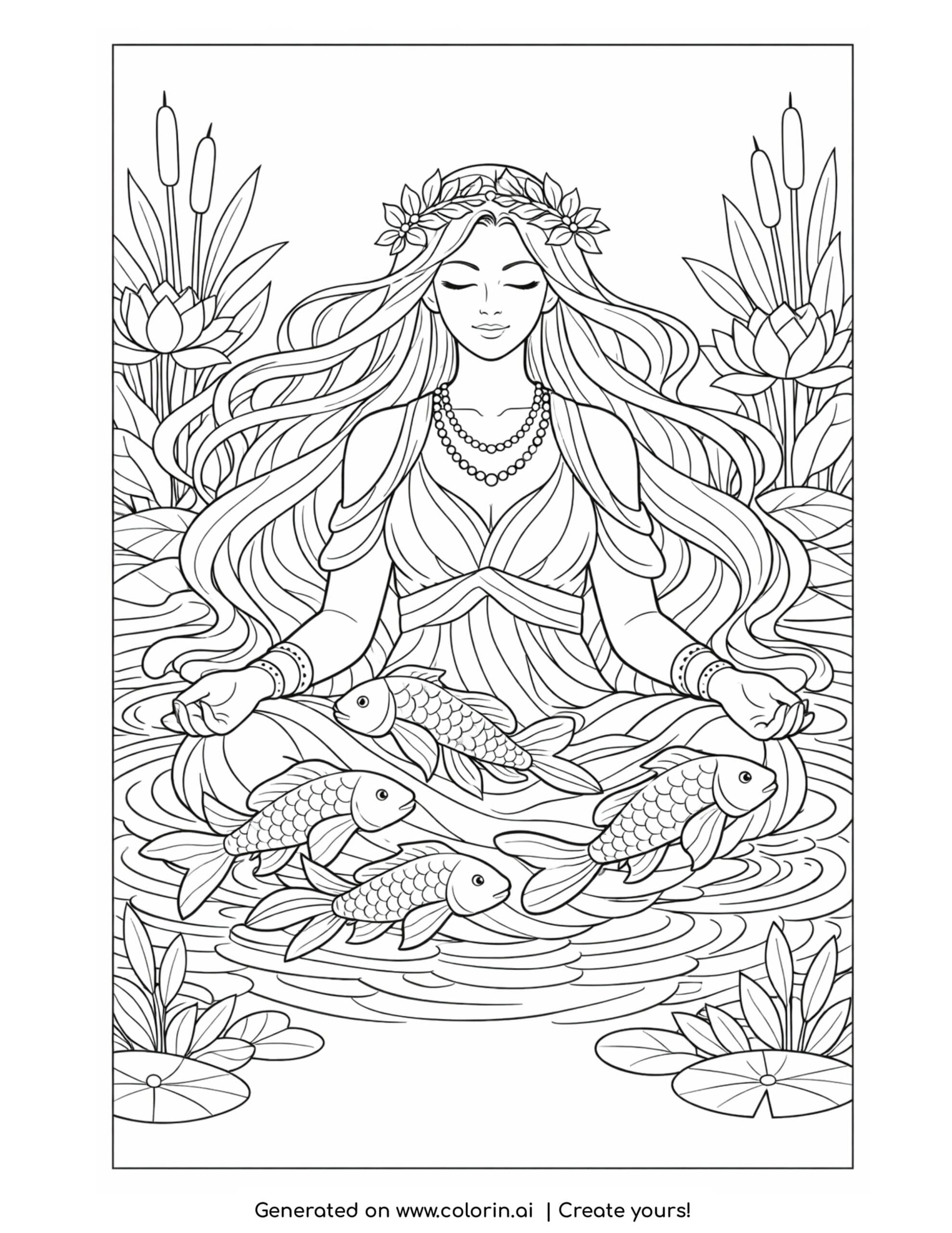 serene goddess with koi fish coloring page with flowing hair and water plants
