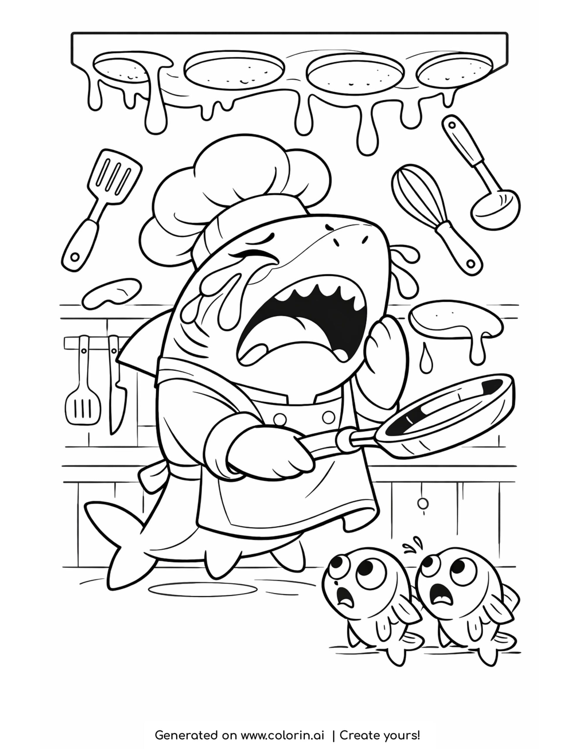 shark crying over pancake mess coloring page with flying kitchen tools and shocked fish