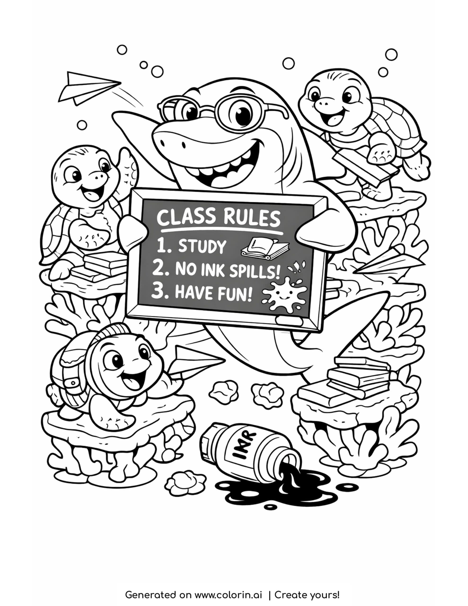 shark teaching underwater class coloring page with sea turtles and coral desks