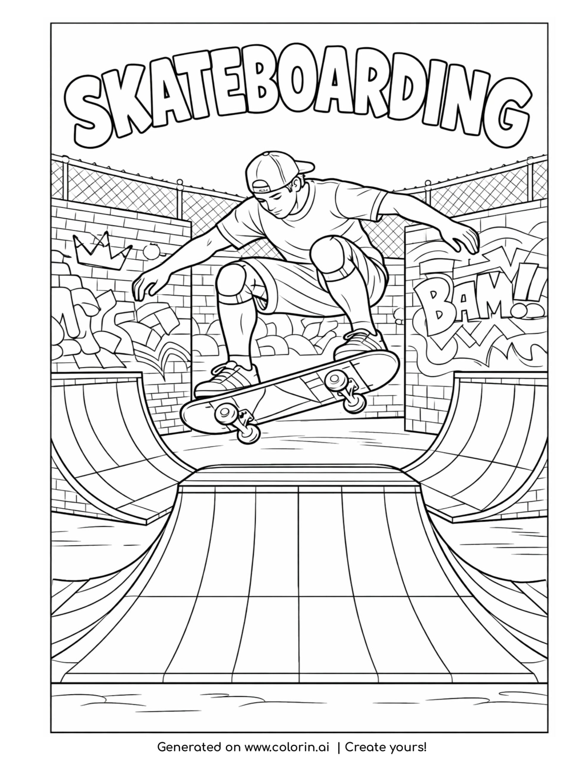 skateboarder jumping over ramp coloring page with skate park and graffiti walls