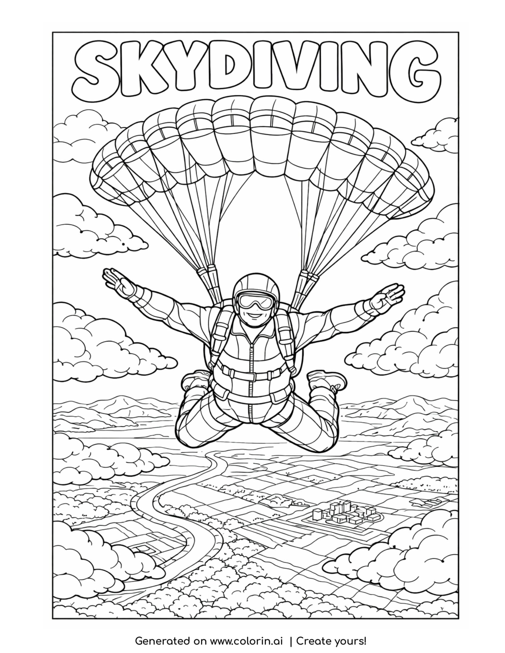 skydiver parachuting over landscape coloring page with open parachute and clouds above fields coloring page