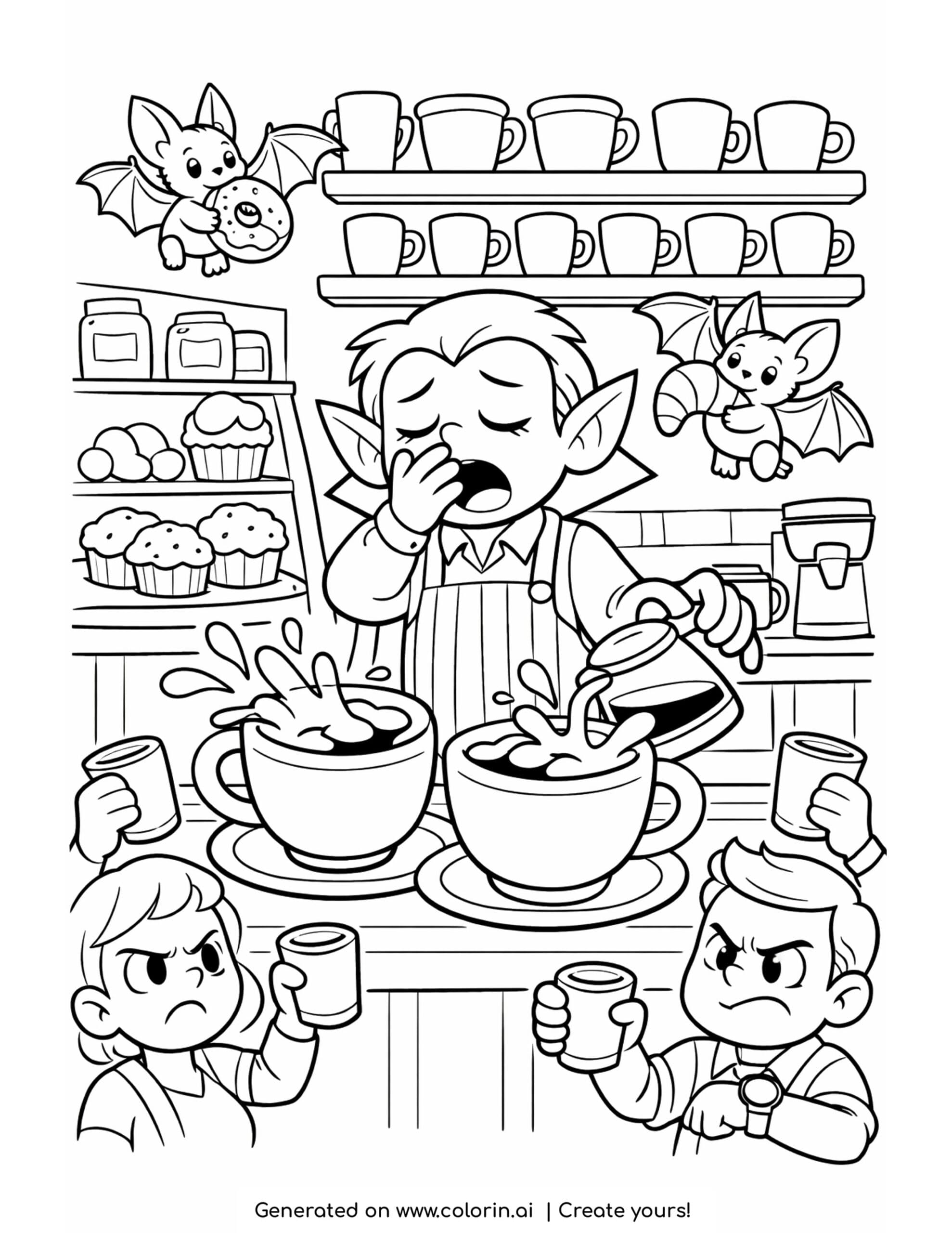 sleepy vampire serving giant coffees coloring page with splashing coffee cups and flying bats