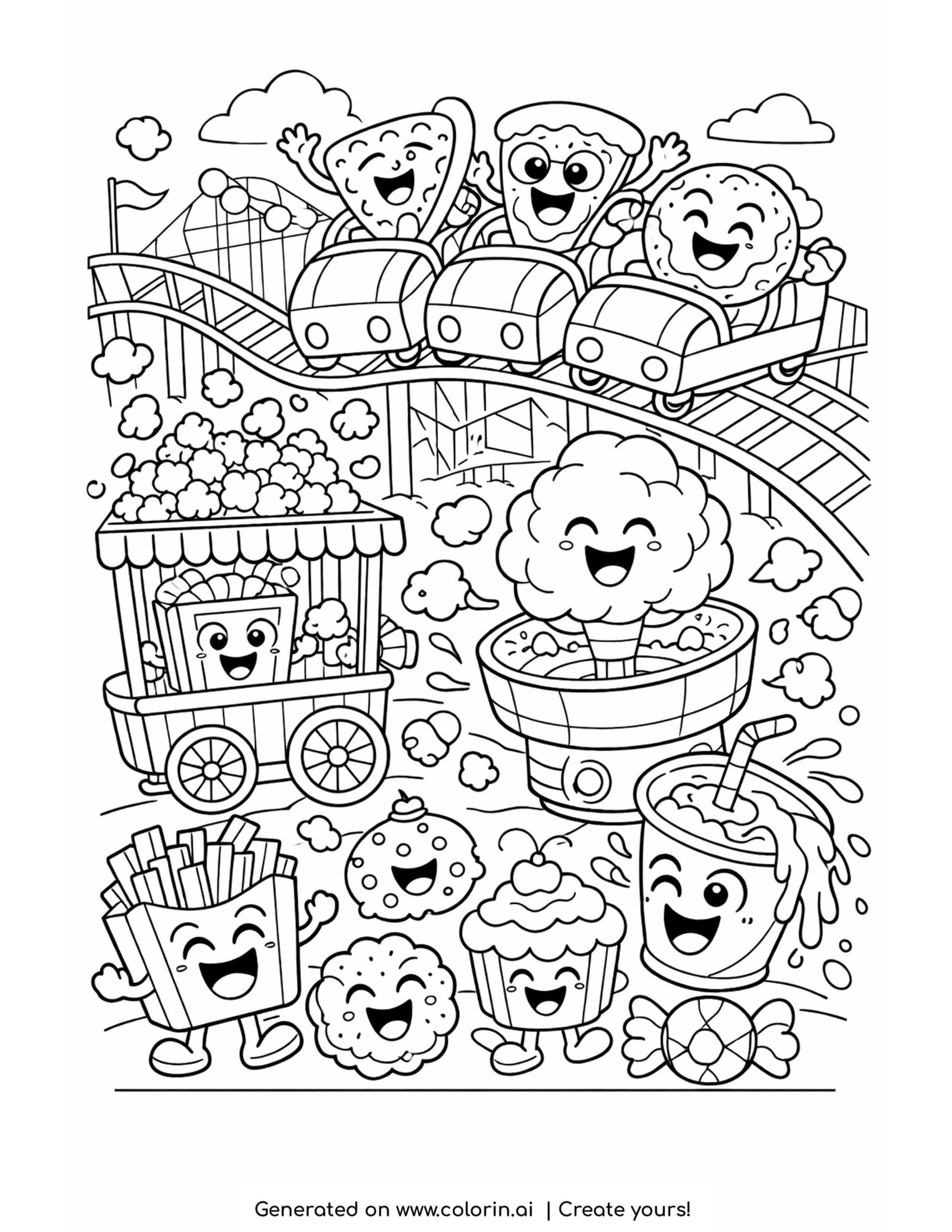 snacks riding rollercoaster coloring page with popcorn cart and carnival treats