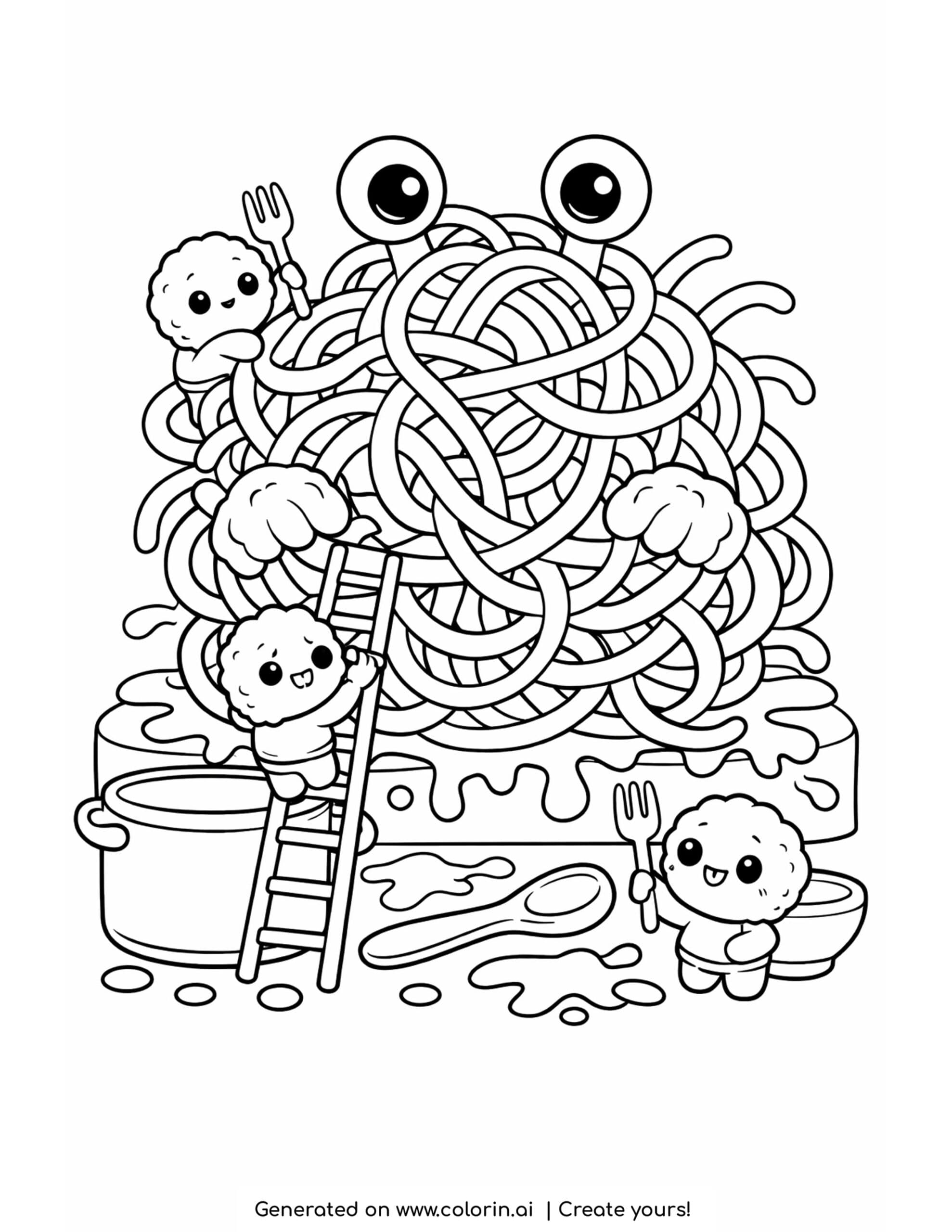 spaghetti monster on counter coloring page with tiny meatballs and sauce splashes
