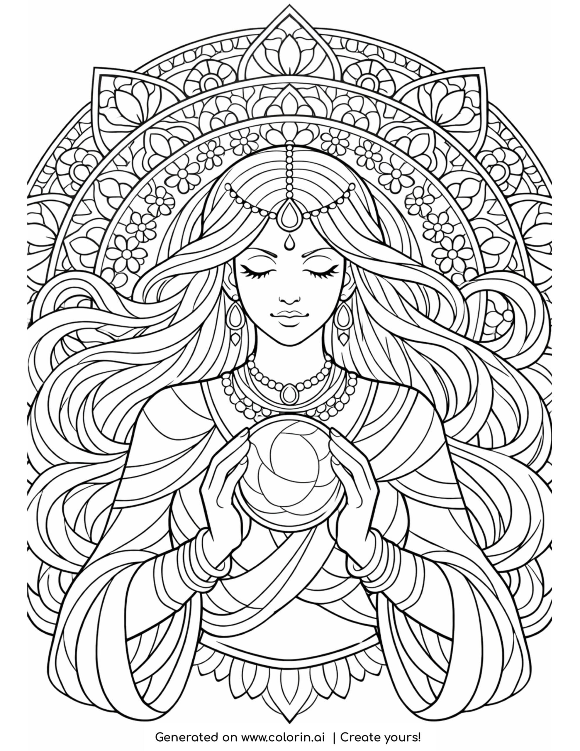 spiritual goddess holding energy sphere coloring page with mandala background