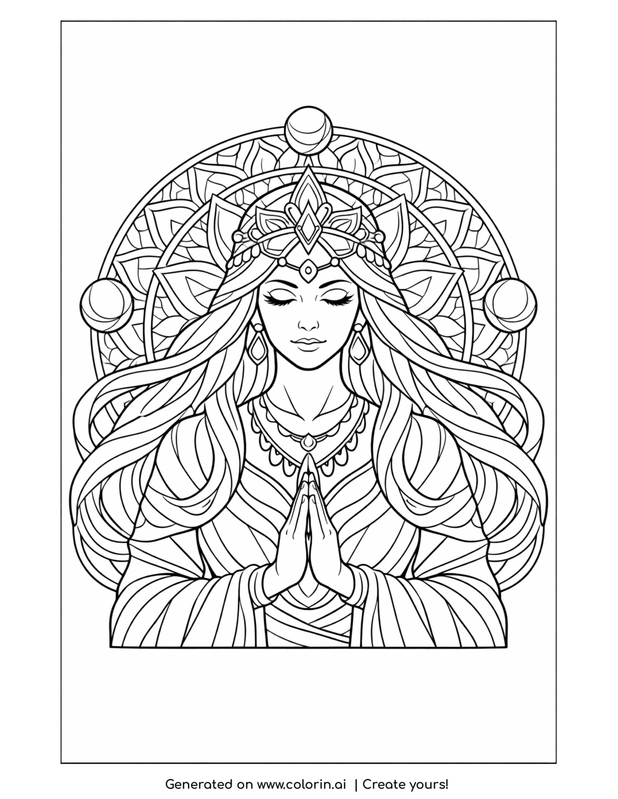 spiritual goddess with floating orbs coloring page with geometric mandala design
