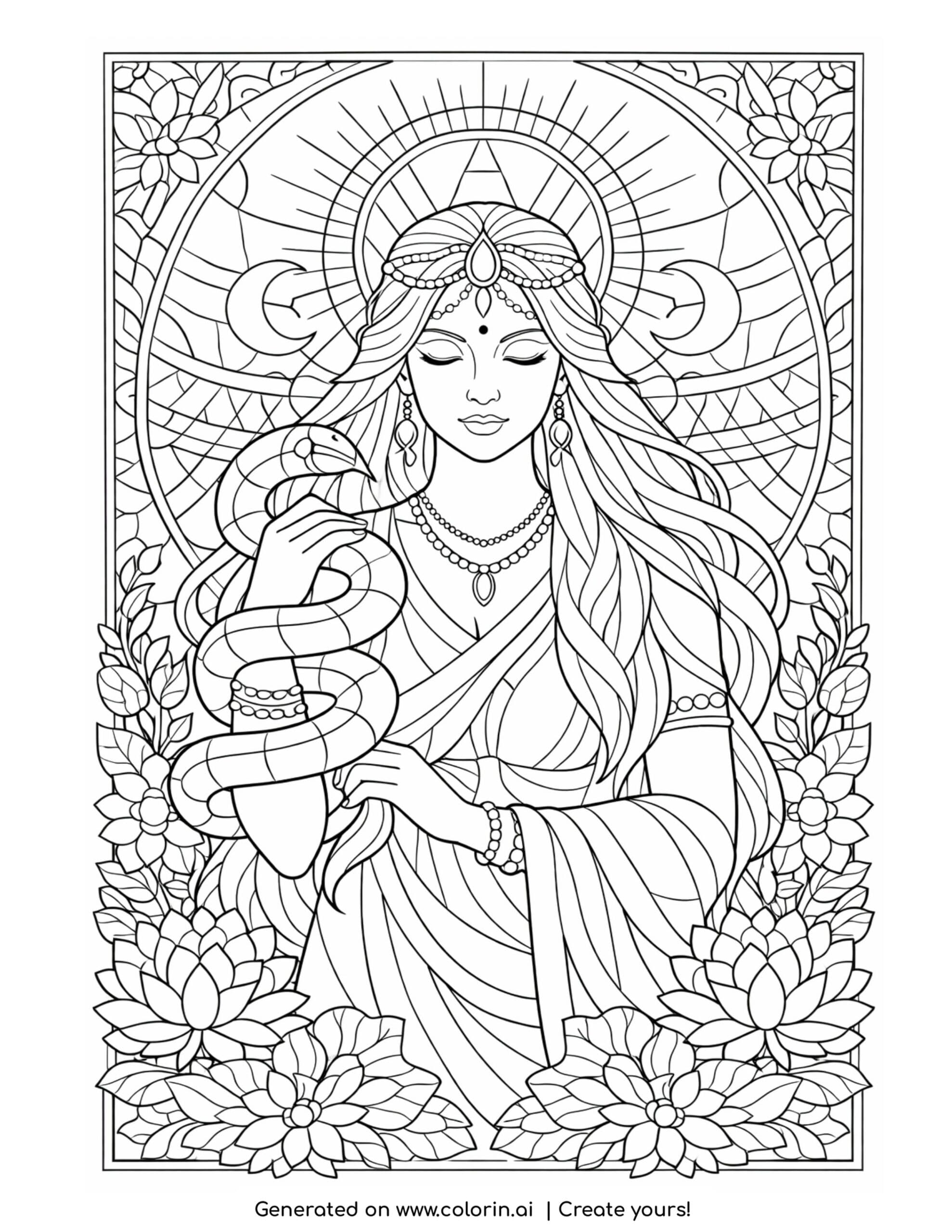 spiritual goddess with snake coloring page with flowing hair and floral details