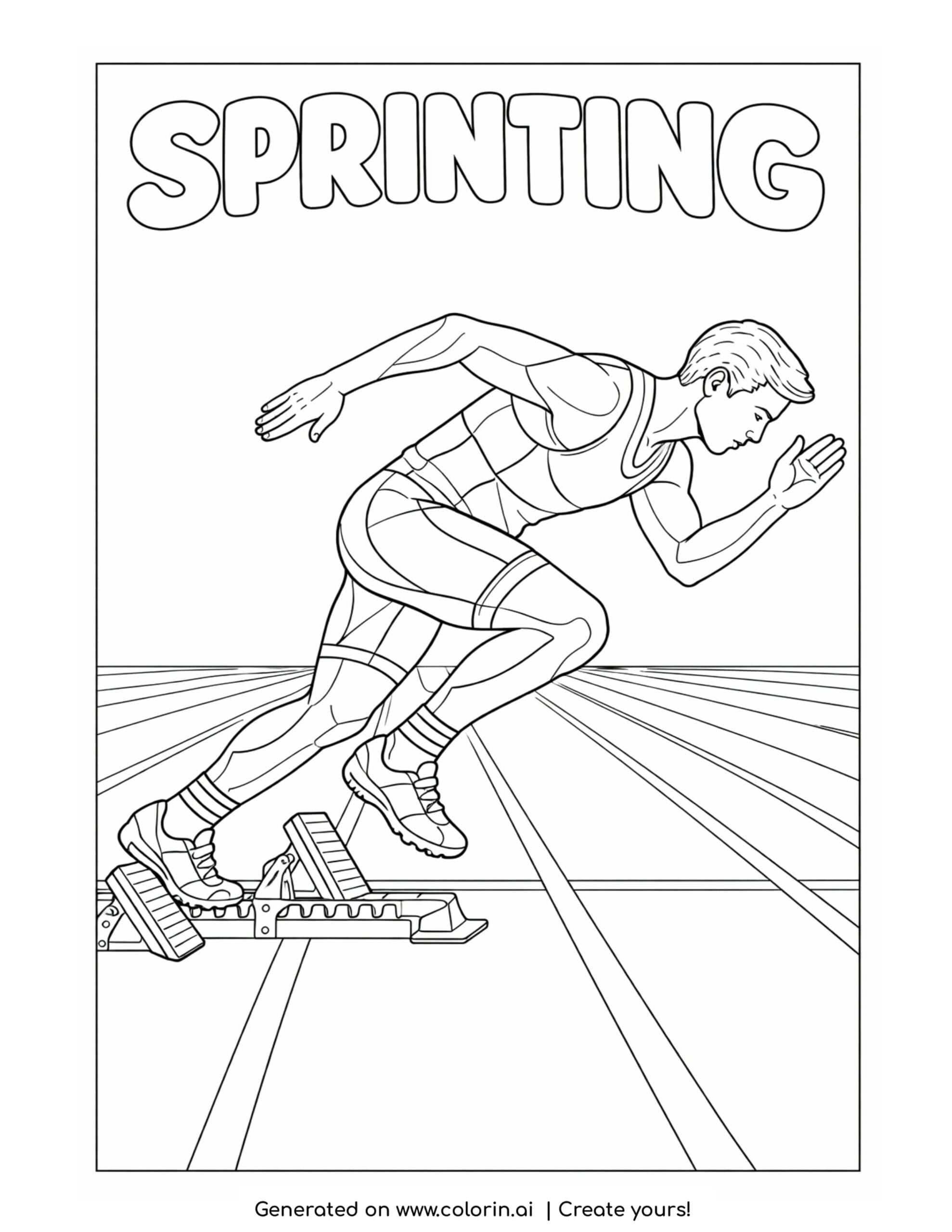 sprinter launching from blocks coloring page with track lines and motion pose