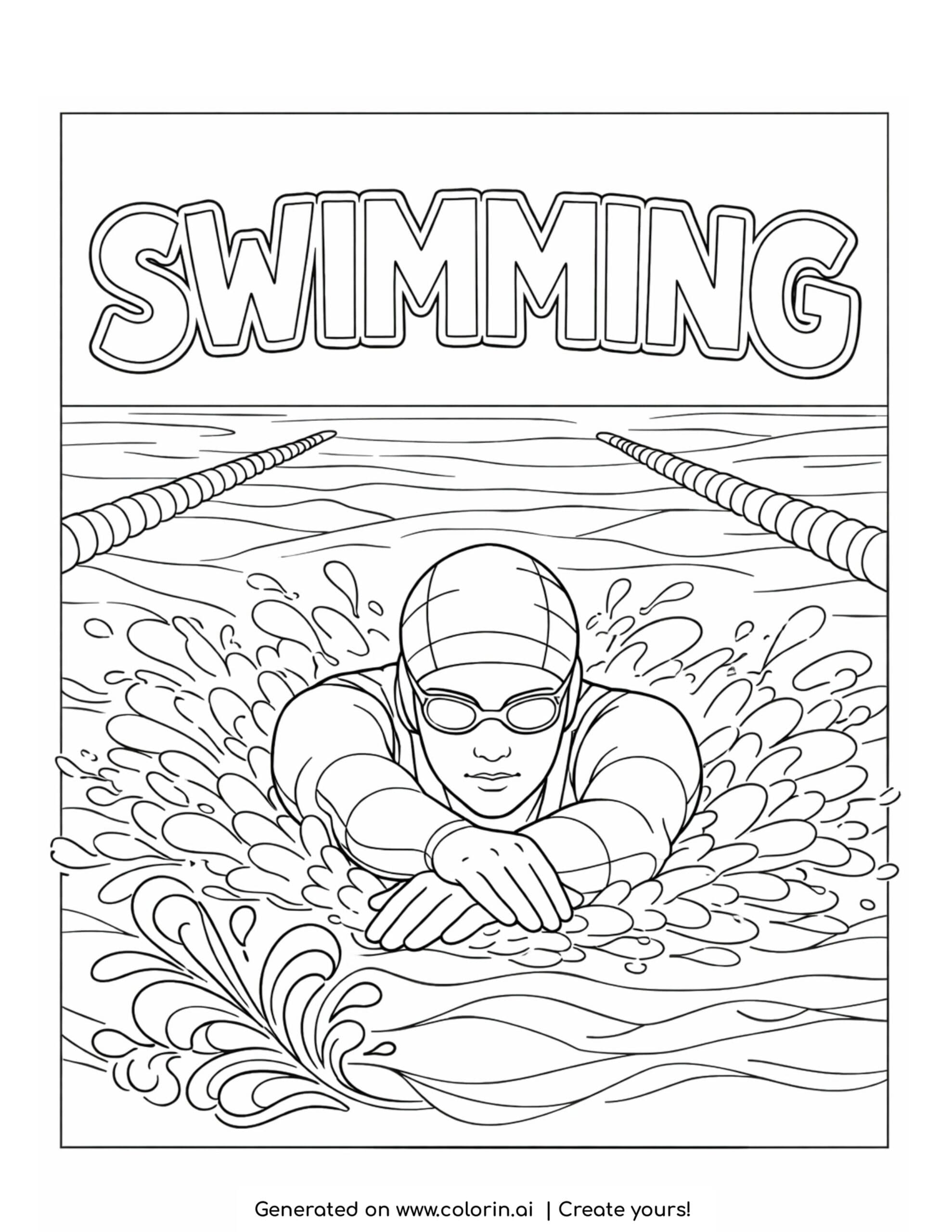 swimmer doing freestyle stroke coloring page with water splashes and lane lines