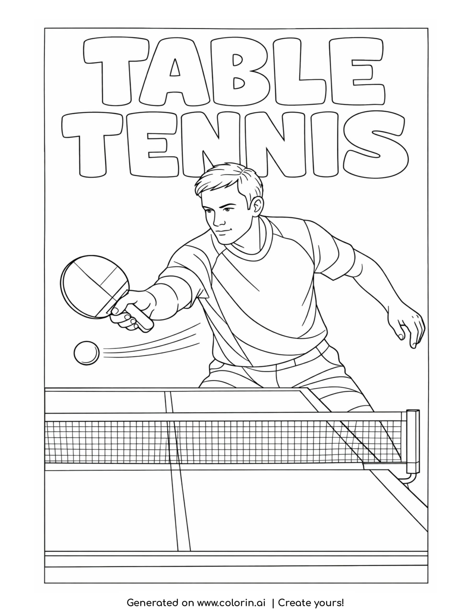 table tennis player hitting ball coloring page with paddle and net across table