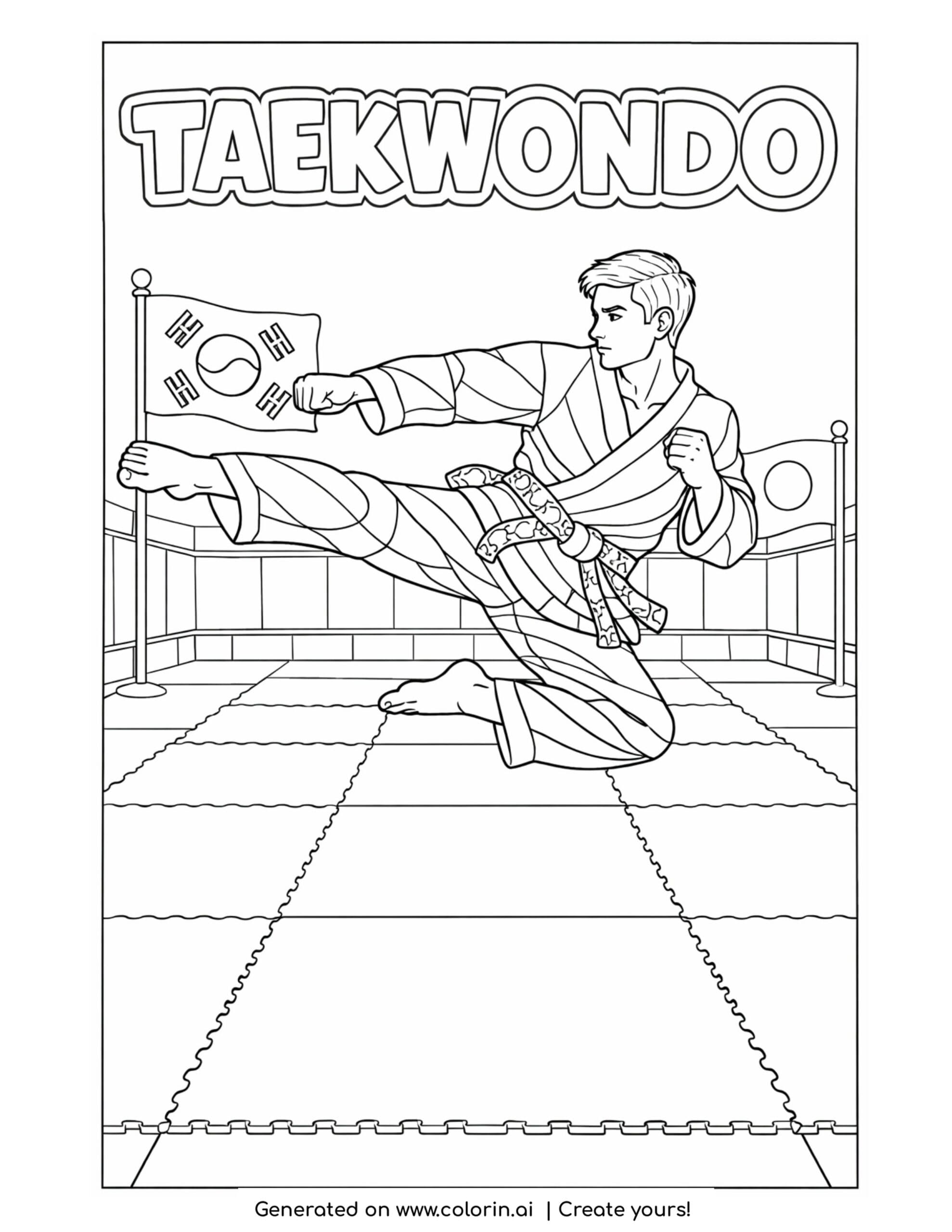 taekwondo athlete performing flying kick coloring page with training mats and flags
