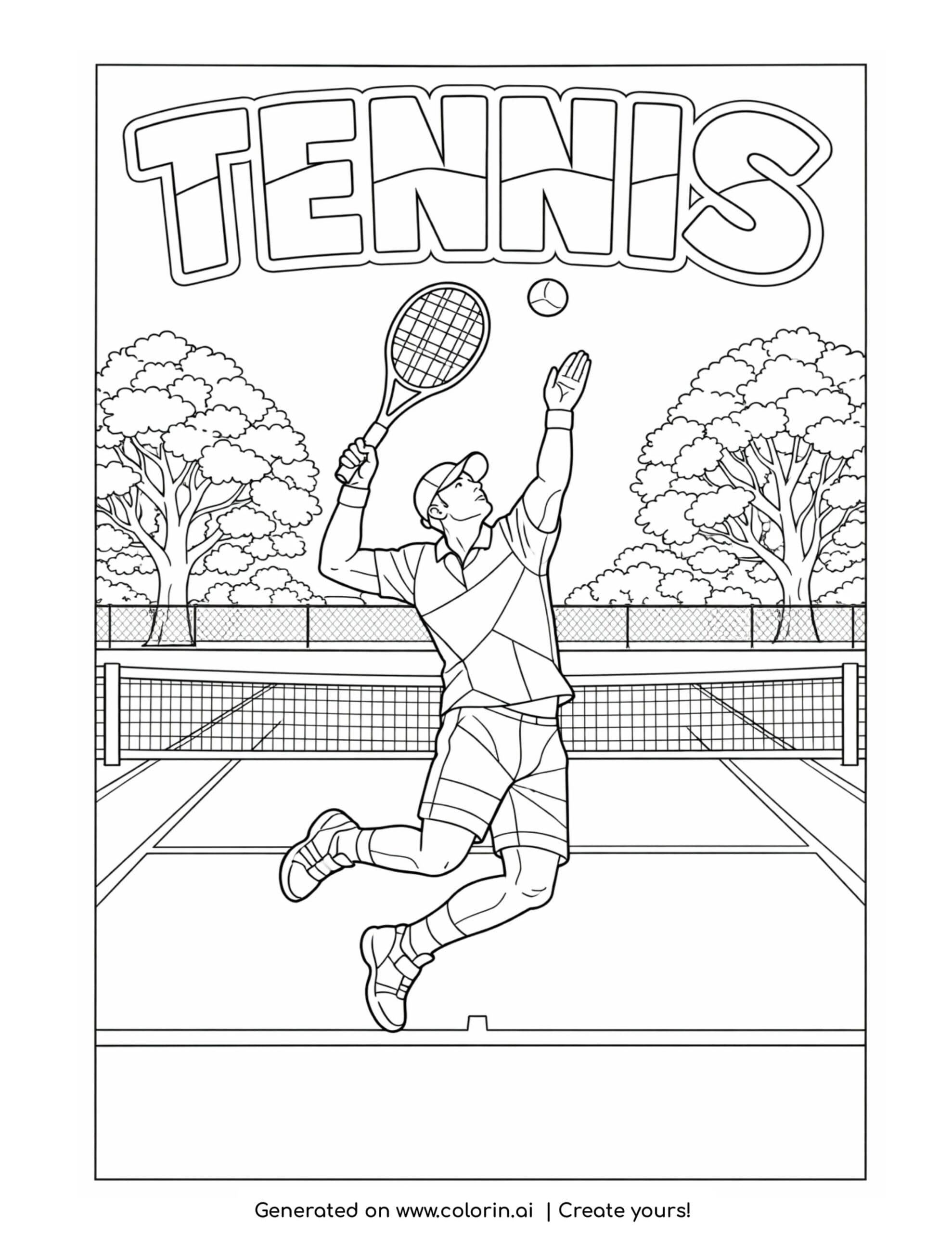 tennis player jumping to serve coloring page with racket and court background
