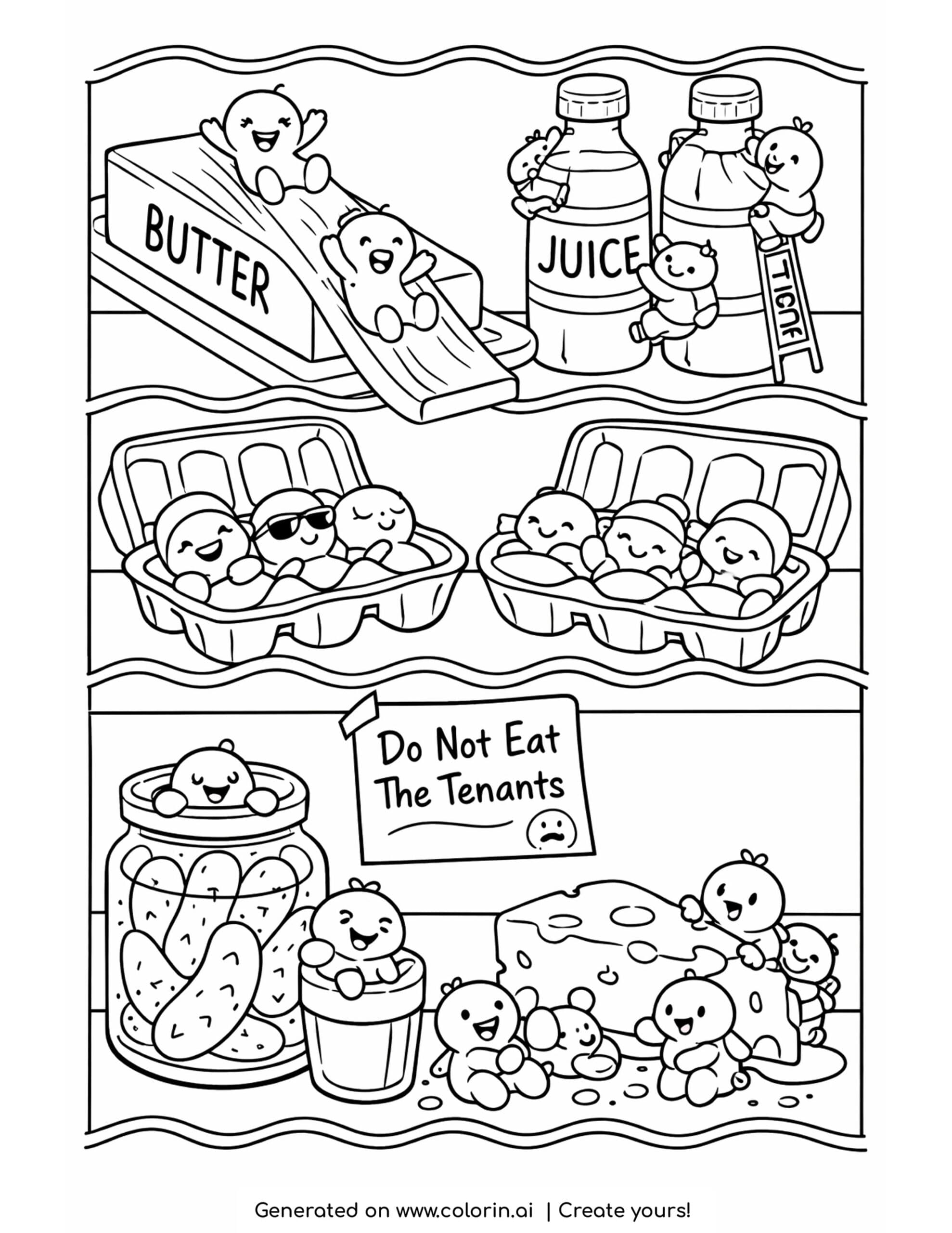 tiny creatures hiding in refrigerator coloring page with egg cartons and juice bottles