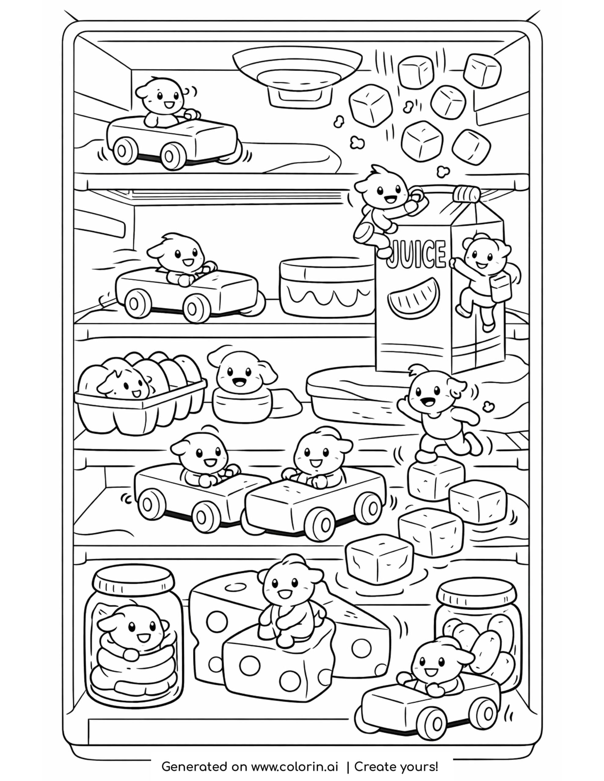 tiny creatures racing butter cars coloring page inside a giant refrigerator with falling ice cubes