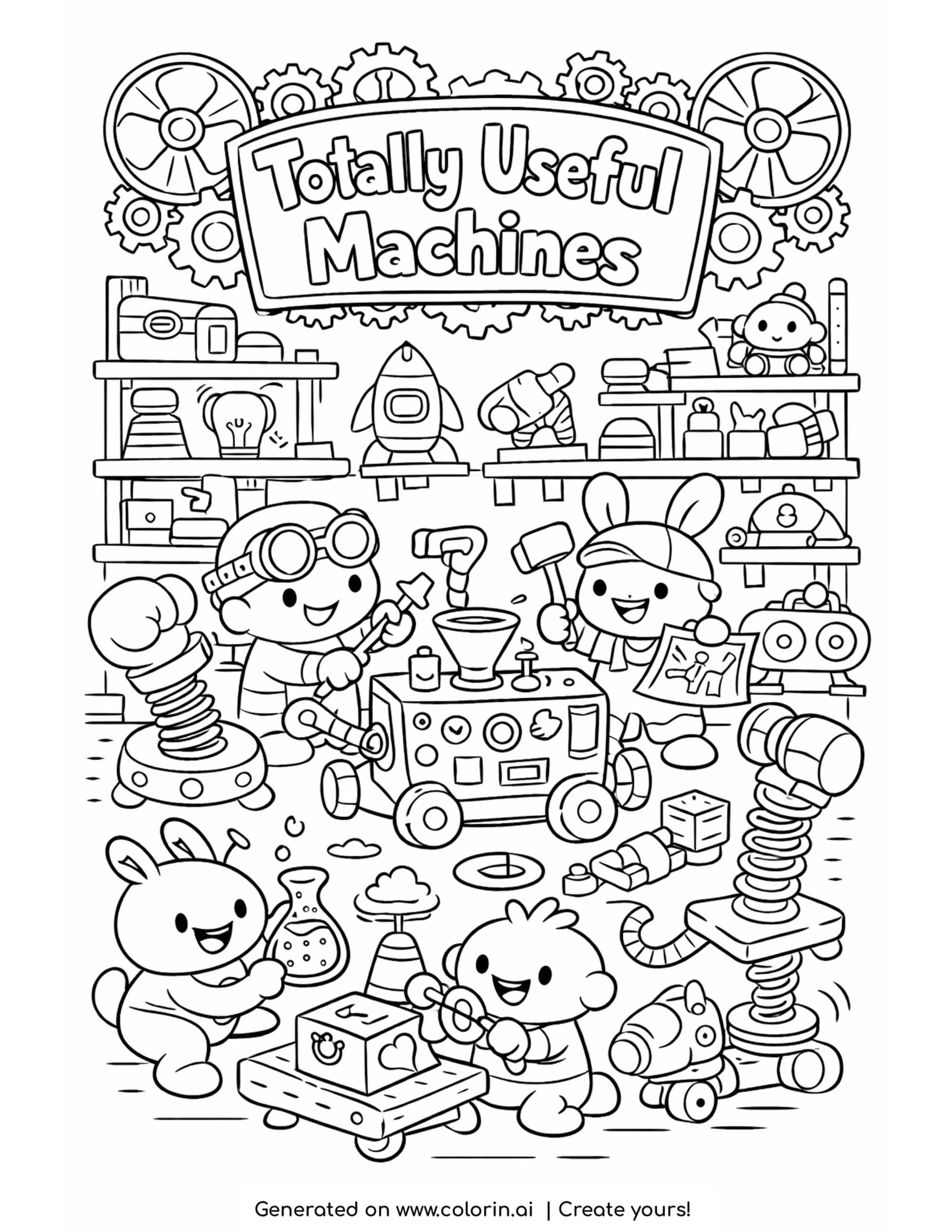 tiny inventors building goofy gadgets coloring page with spring machines and workshop tools