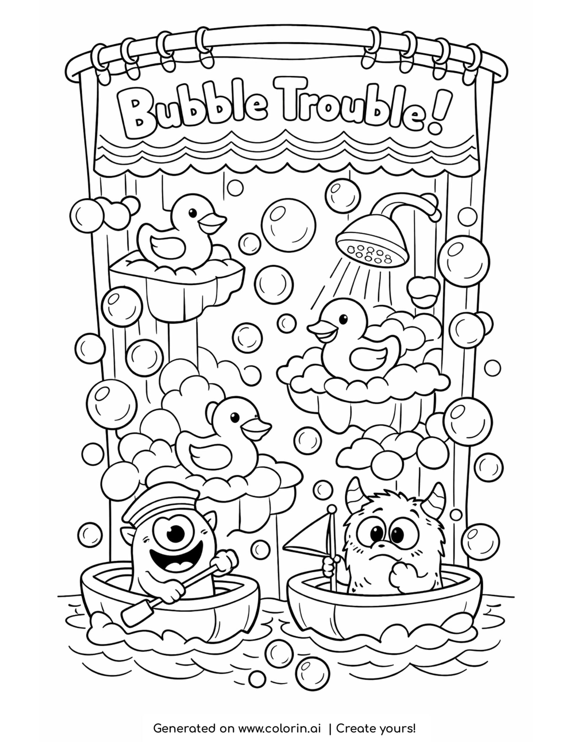 tiny monsters rowing soap boats coloring page with floating bubbles and rubber ducks
