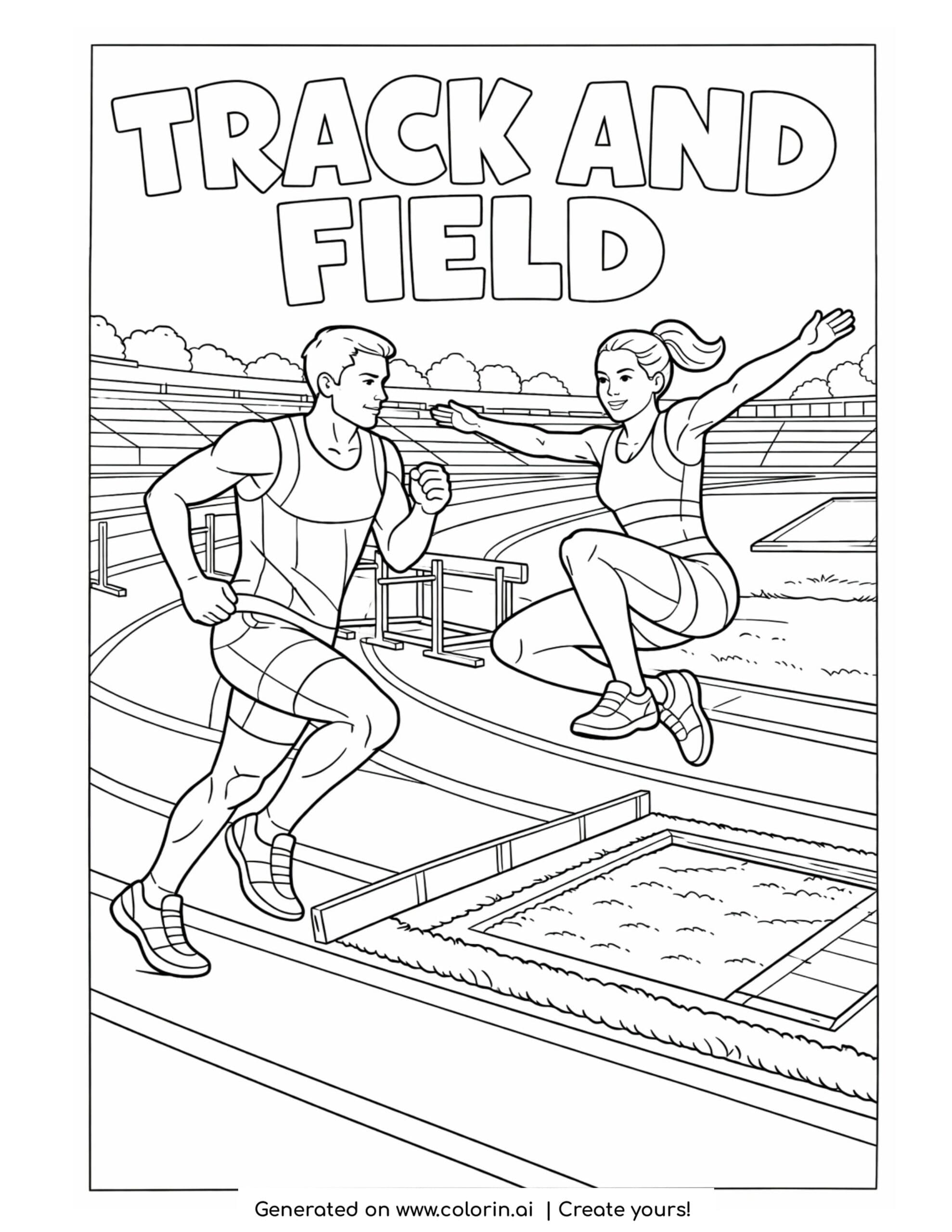 track athletes running and jumping coloring page with hurdles and long jump pit