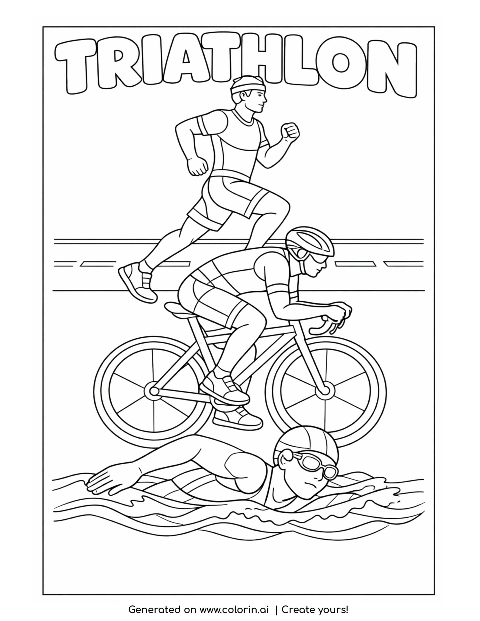 triathlon athlete swimming cycling running coloring page with three sports stacked in one dynamic scene coloring page