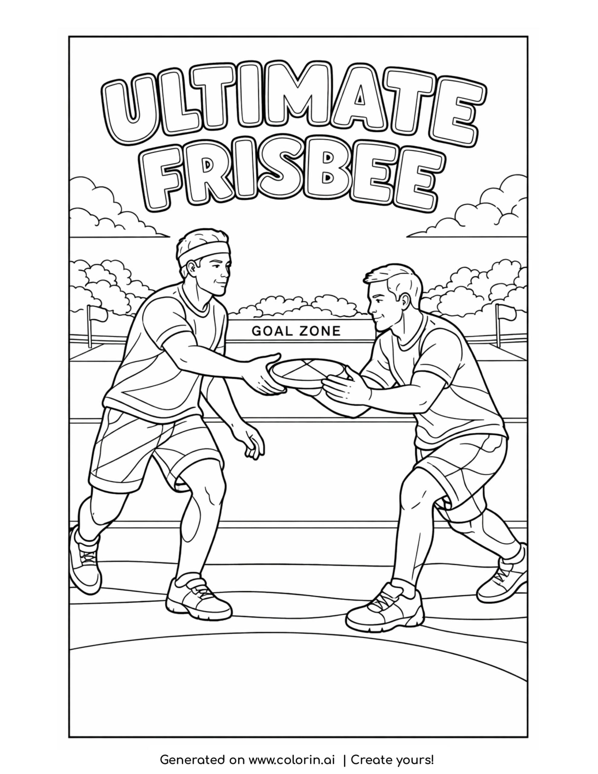 ultimate frisbee players passing disc coloring page with two athletes exchanging a disc on a field coloring page