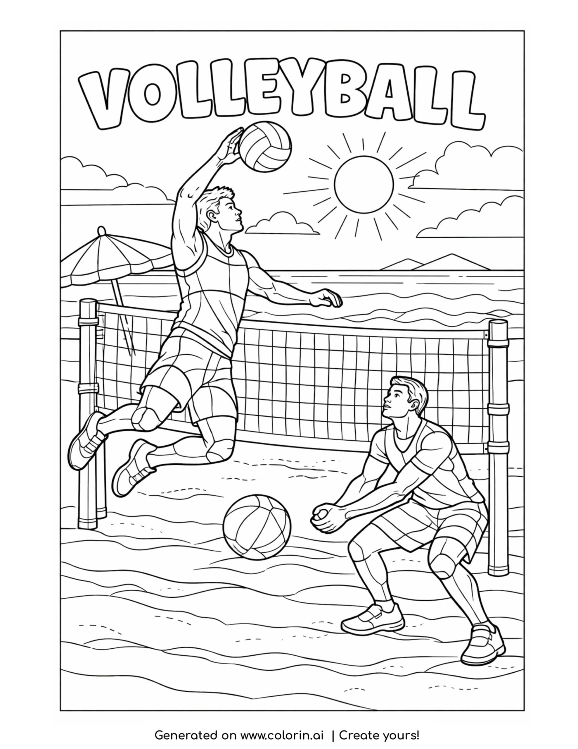 volleyball player spiking over the net coloring page with beach and sun background