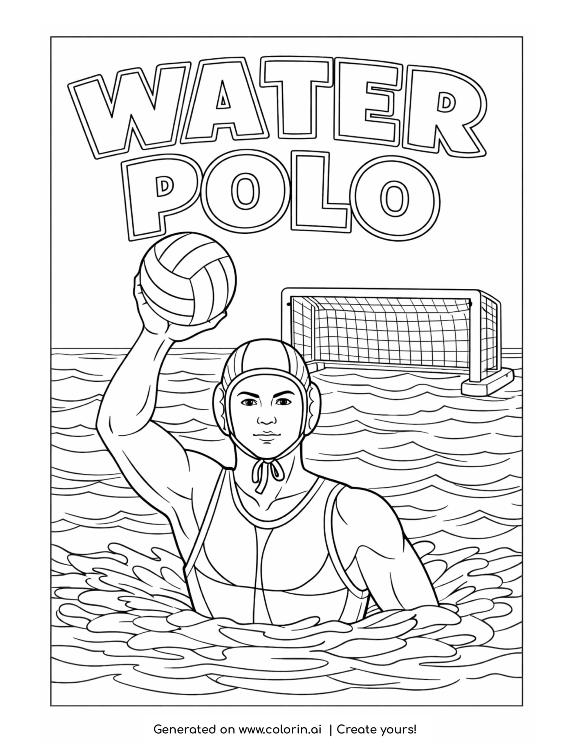 water polo player holding ball coloring page with athlete in water and goal behind