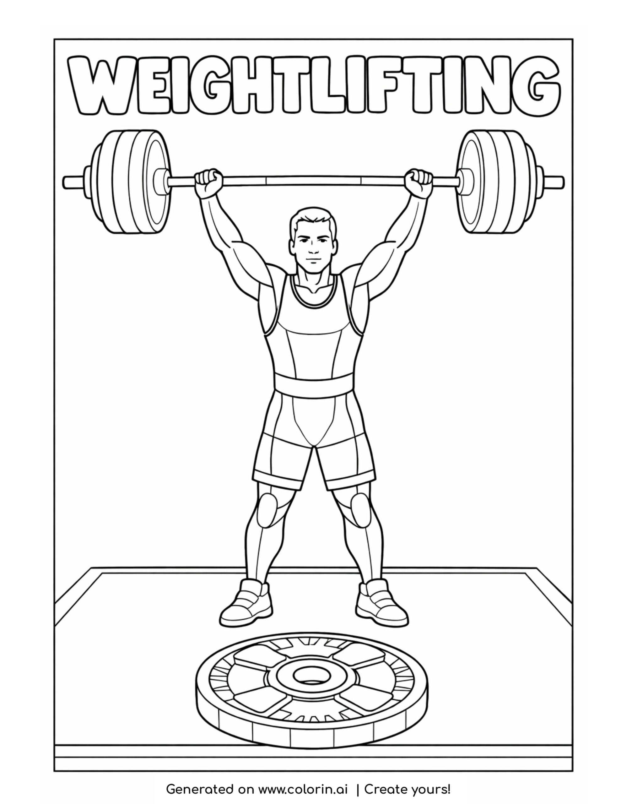 weightlifter lifting barbell overhead coloring page with athlete on platform holding weights