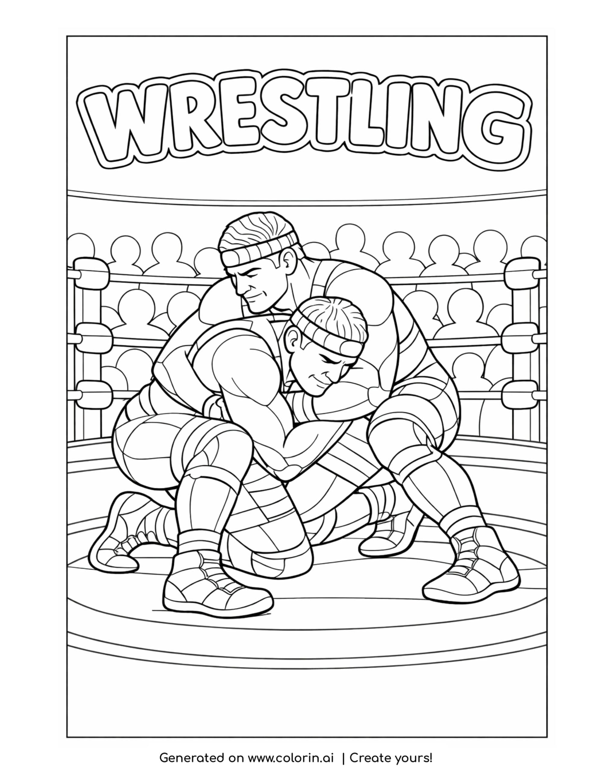 wrestlers grappling in ring coloring page with audience and ring ropes