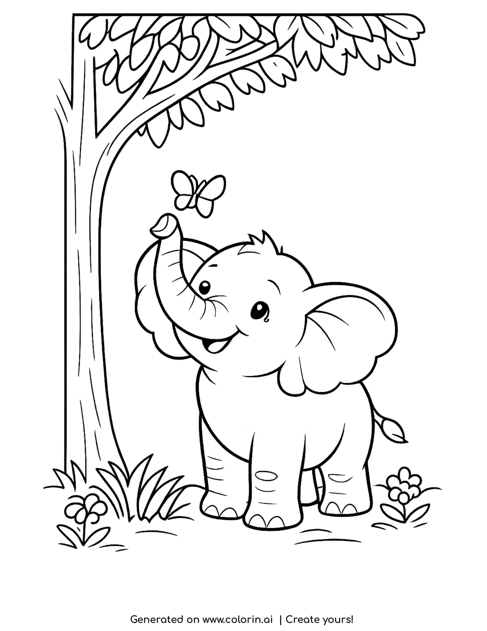 baby elephant coloring pages, a baby elephant reaching its trunk toward a fluttering butterfly under a tree