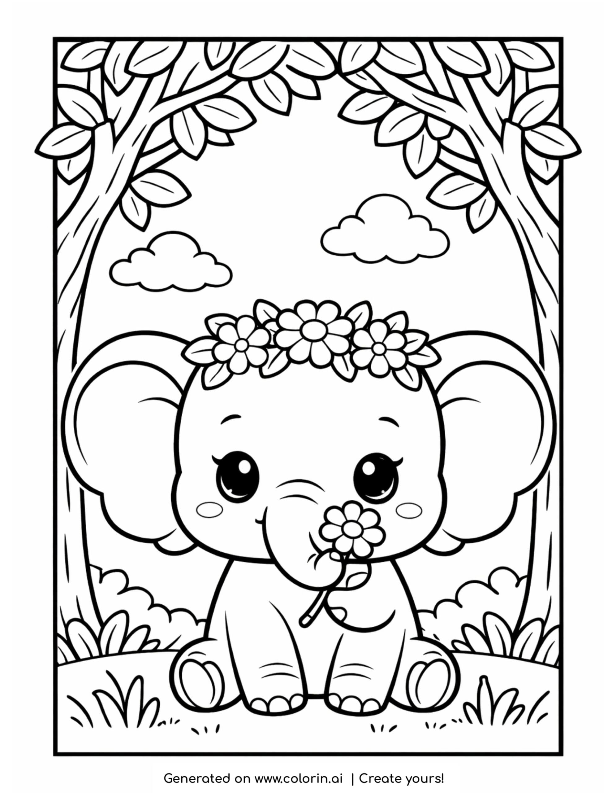 elephant coloring pages, a baby elephant with a flower crown holding a flower in its trunk